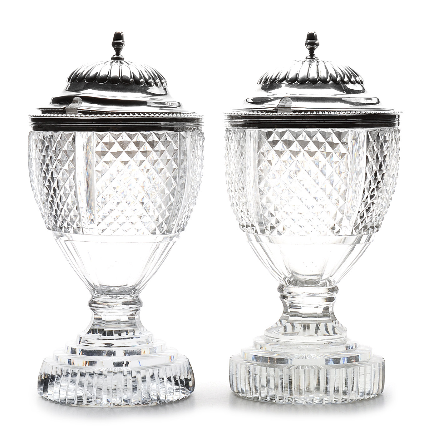 Two Crystal Sugar Bowls with Sterling Silver Lids