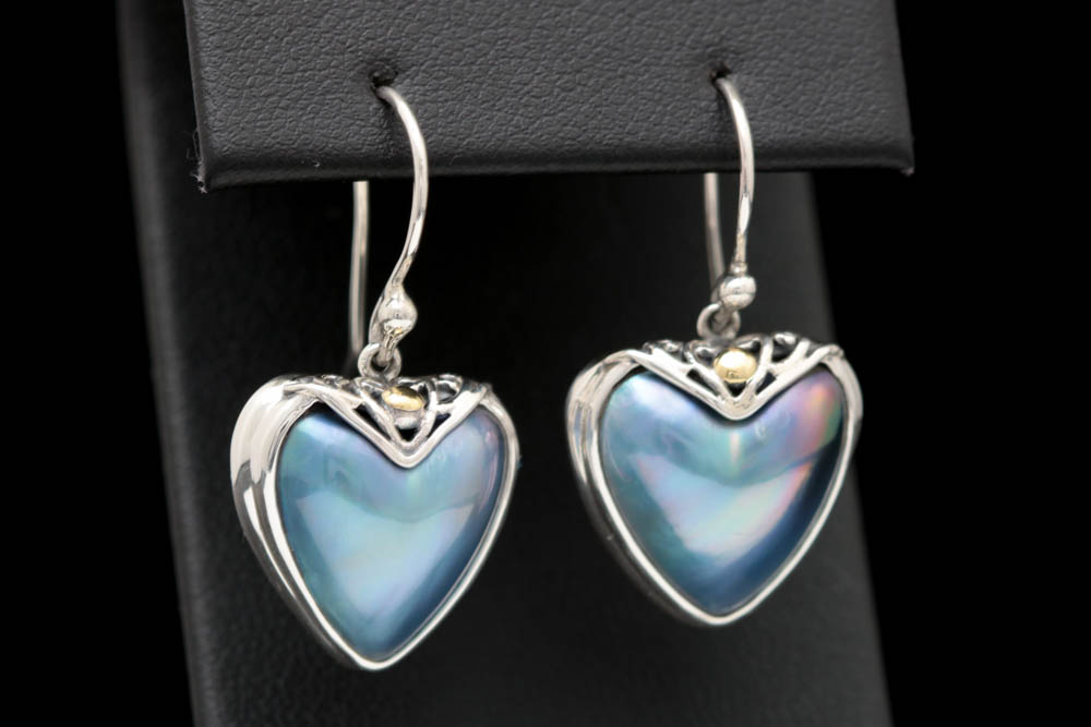 Robert Manse Sterling Silver, 18K Gold and Mother of Pearl Heart Dangle Earrings