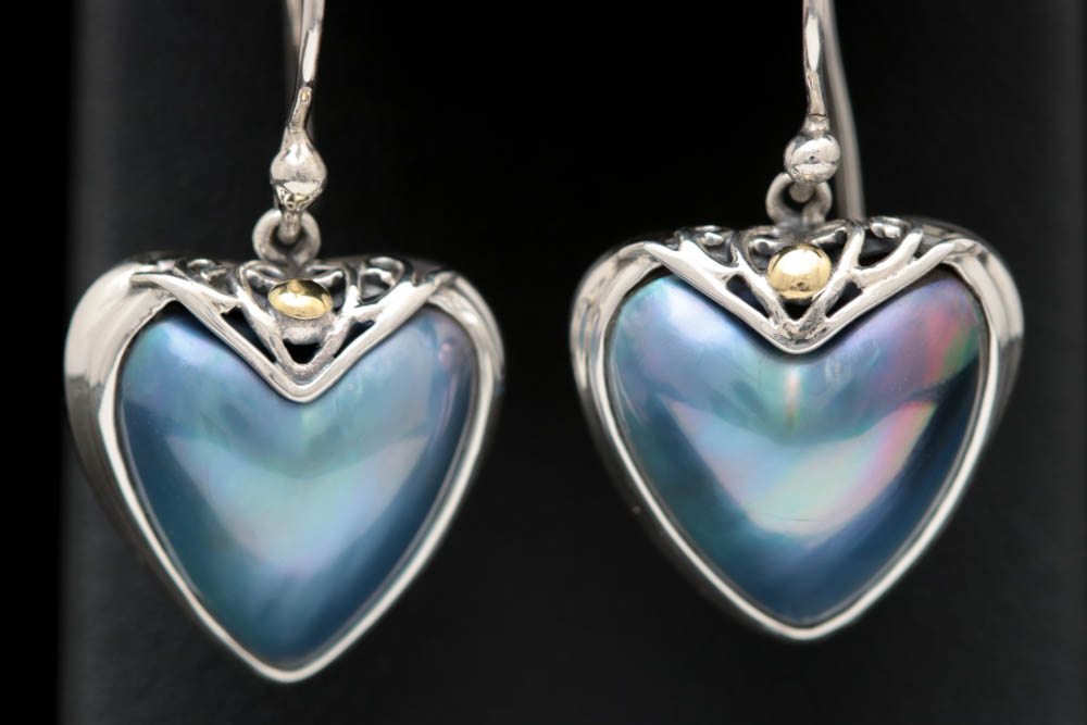 Robert Manse Sterling Silver, 18K Gold and Mother of Pearl Heart Dangle Earrings