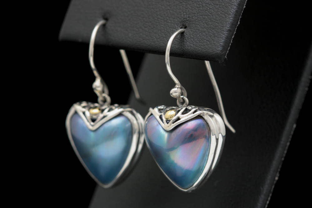 Robert Manse Sterling Silver, 18K Gold and Mother of Pearl Heart Dangle Earrings