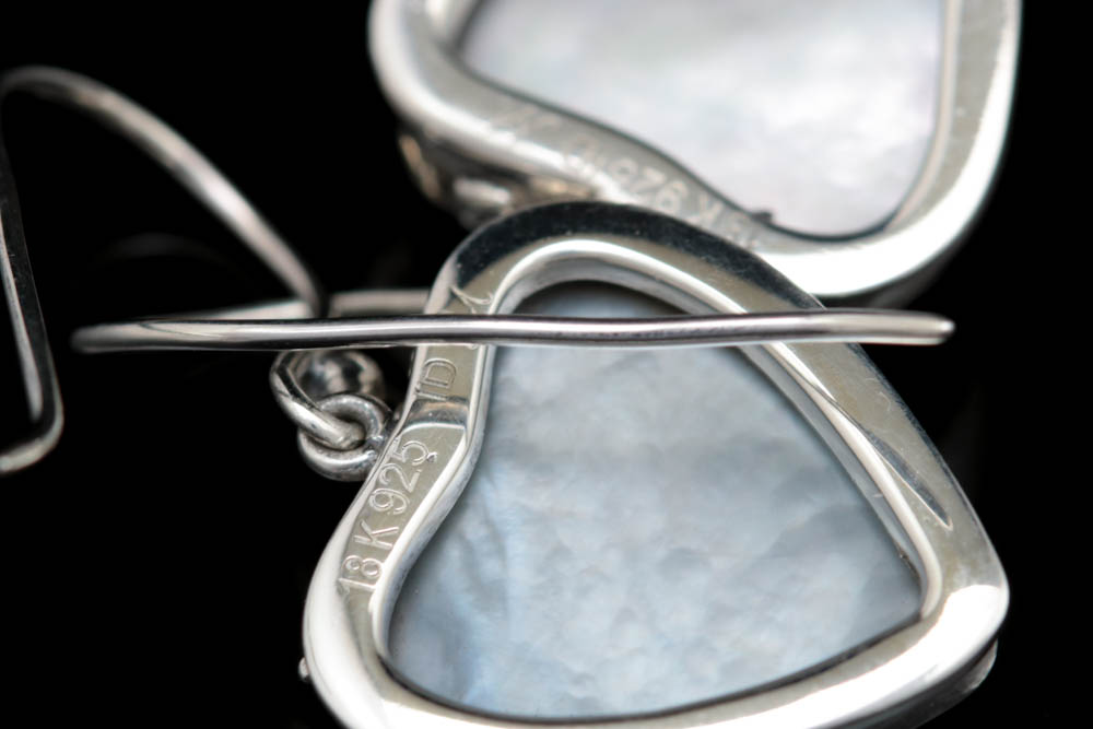 Robert Manse Sterling Silver, 18K Gold and Mother of Pearl Heart Dangle Earrings