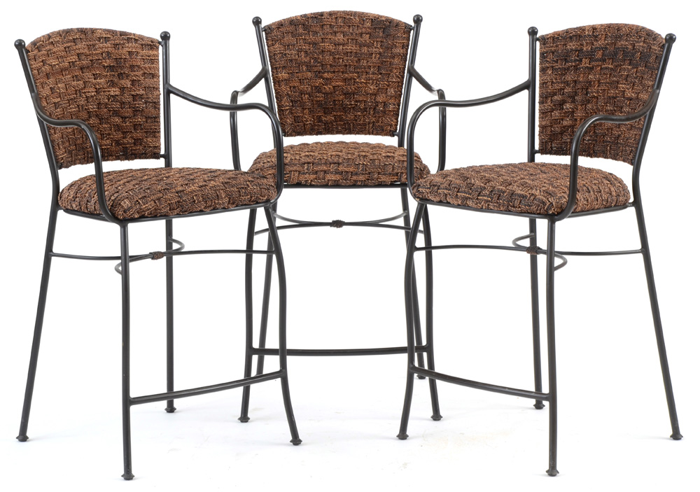 Three Woven Seagrass and Iron Counter Stools
