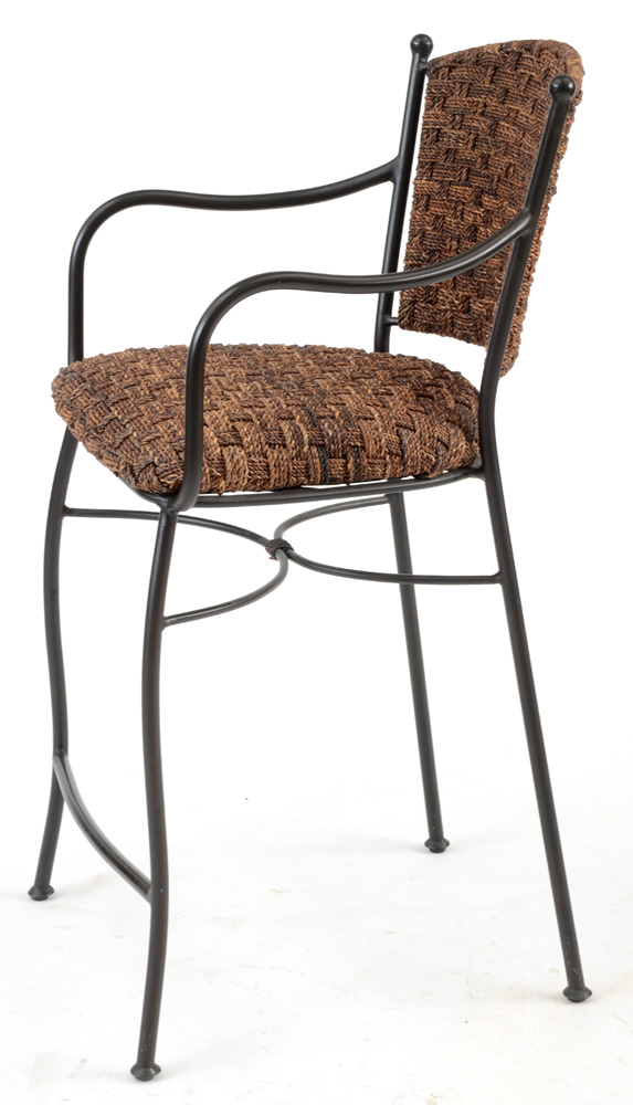 Three Woven Seagrass and Iron Counter Stools