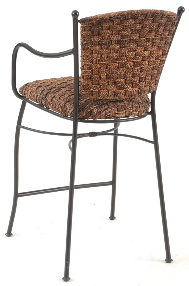 Three Woven Seagrass and Iron Counter Stools