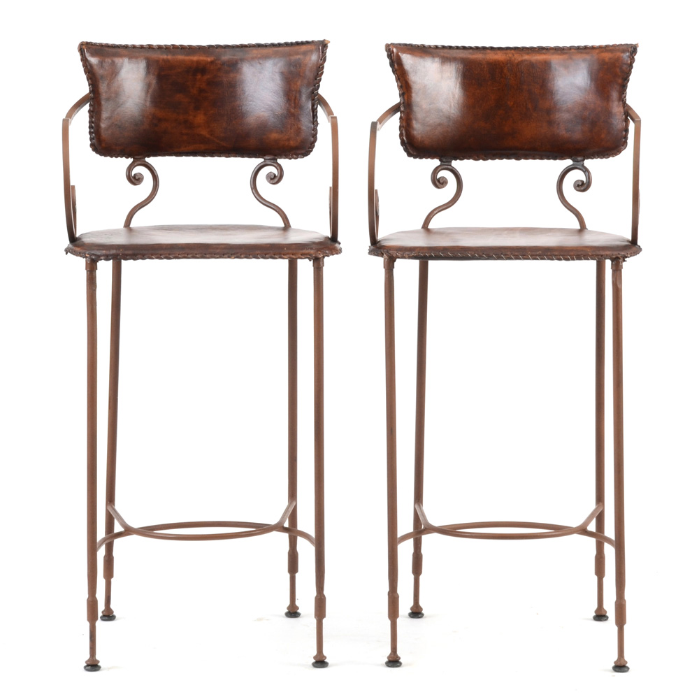 Pair of Wrought Iron and Leather Bar Stools