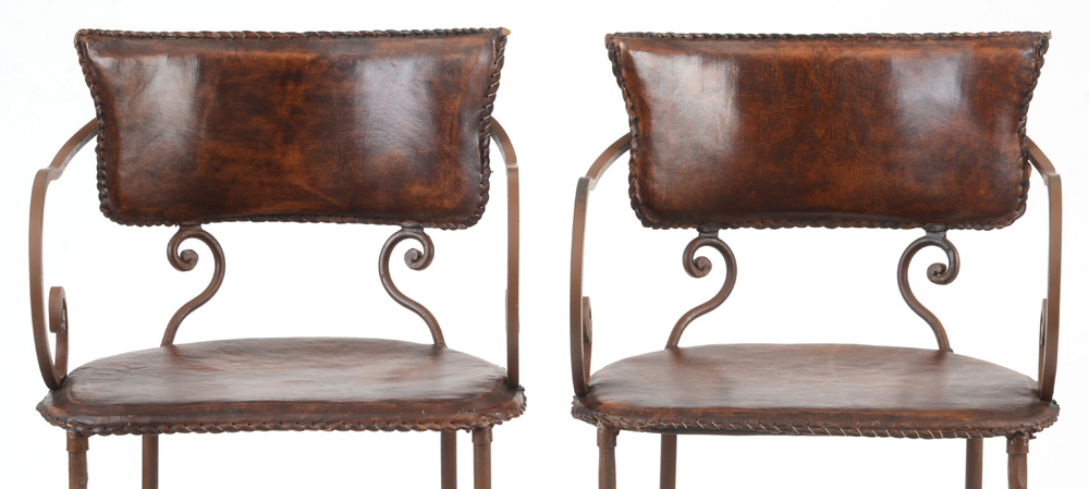 Pair of Wrought Iron and Leather Bar Stools