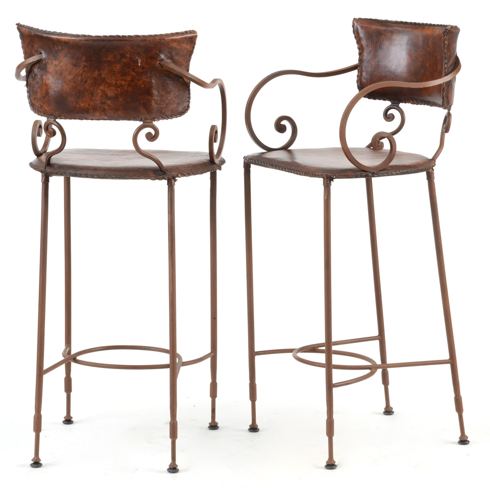 Pair of Wrought Iron and Leather Bar Stools