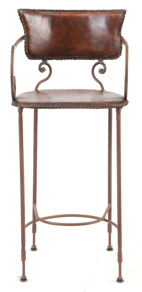 Pair of Wrought Iron and Leather Bar Stools