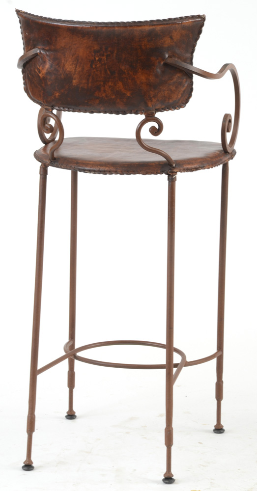 Pair of Wrought Iron and Leather Bar Stools