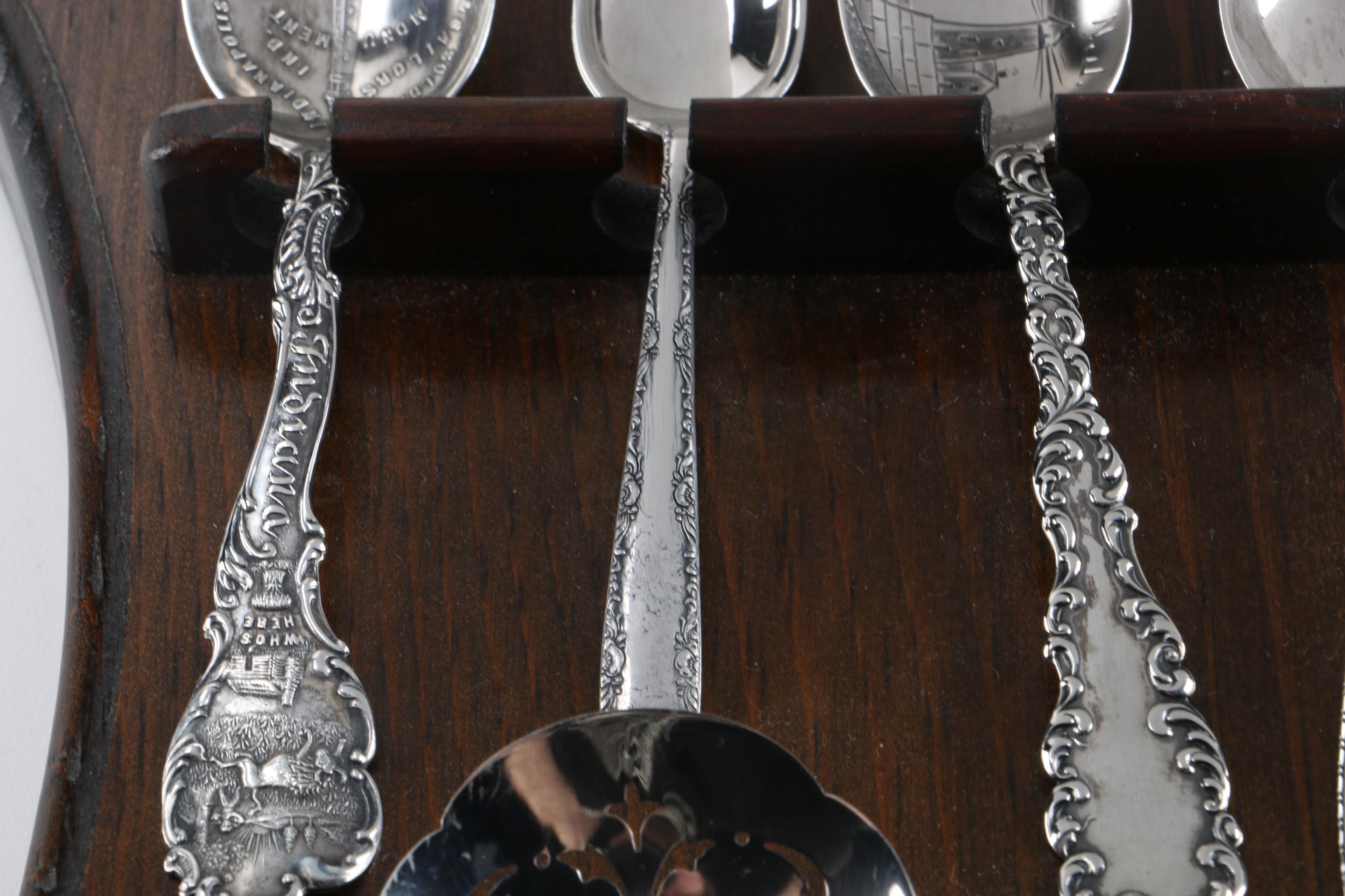 Gorham "Camellia" and Other Sterling Silver Spoons With a Wooden Display