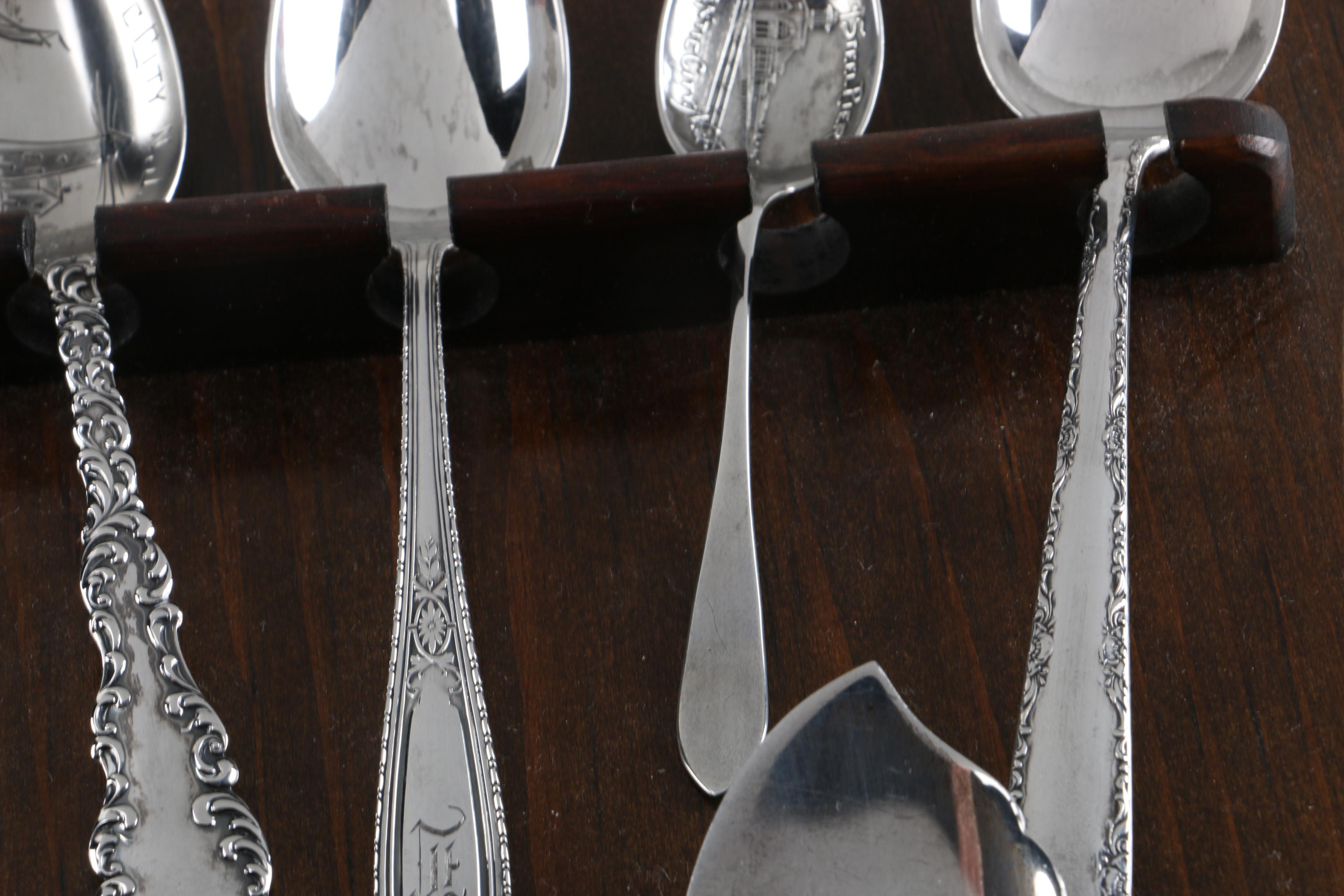 Gorham "Camellia" and Other Sterling Silver Spoons With a Wooden Display