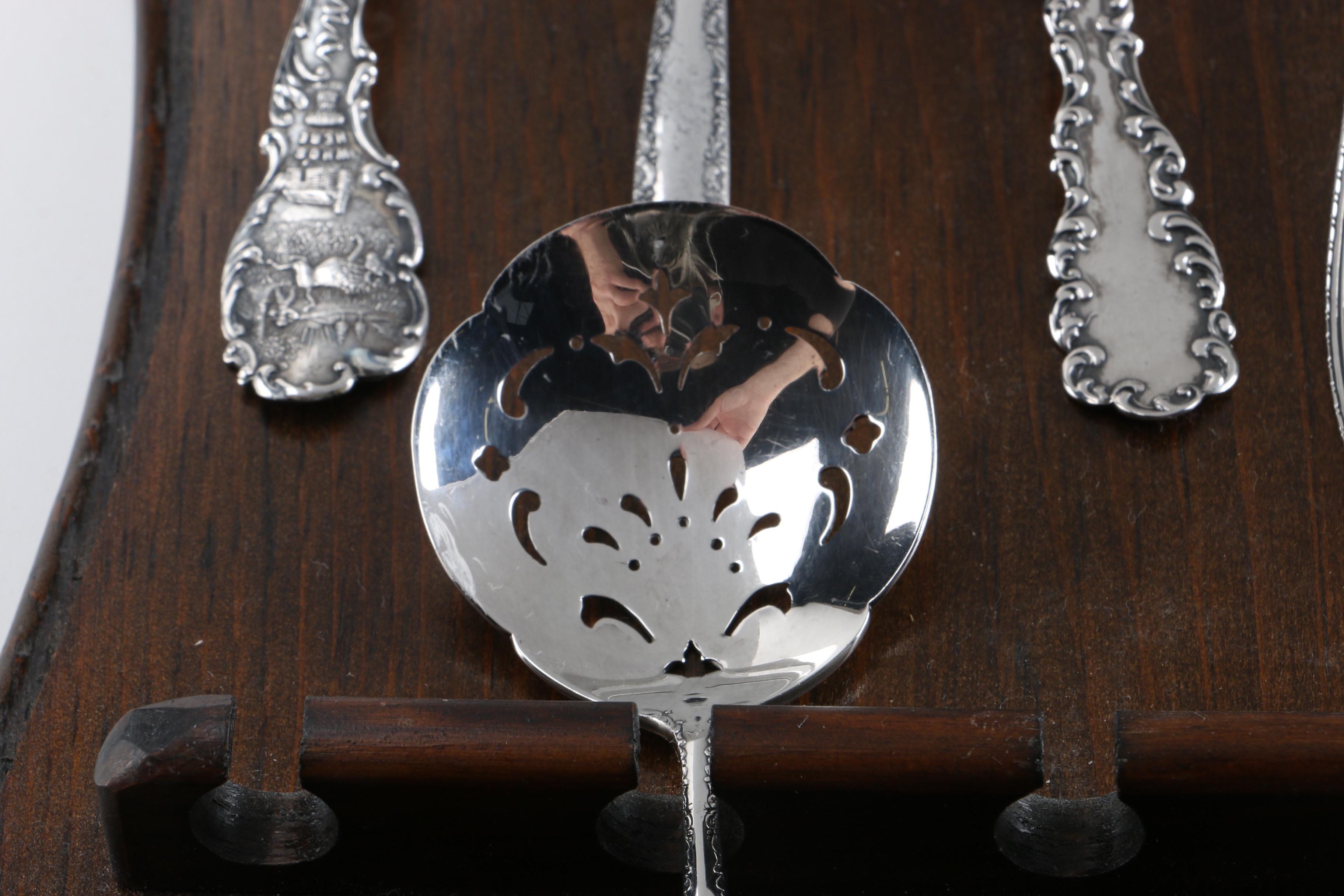 Gorham "Camellia" and Other Sterling Silver Spoons With a Wooden Display