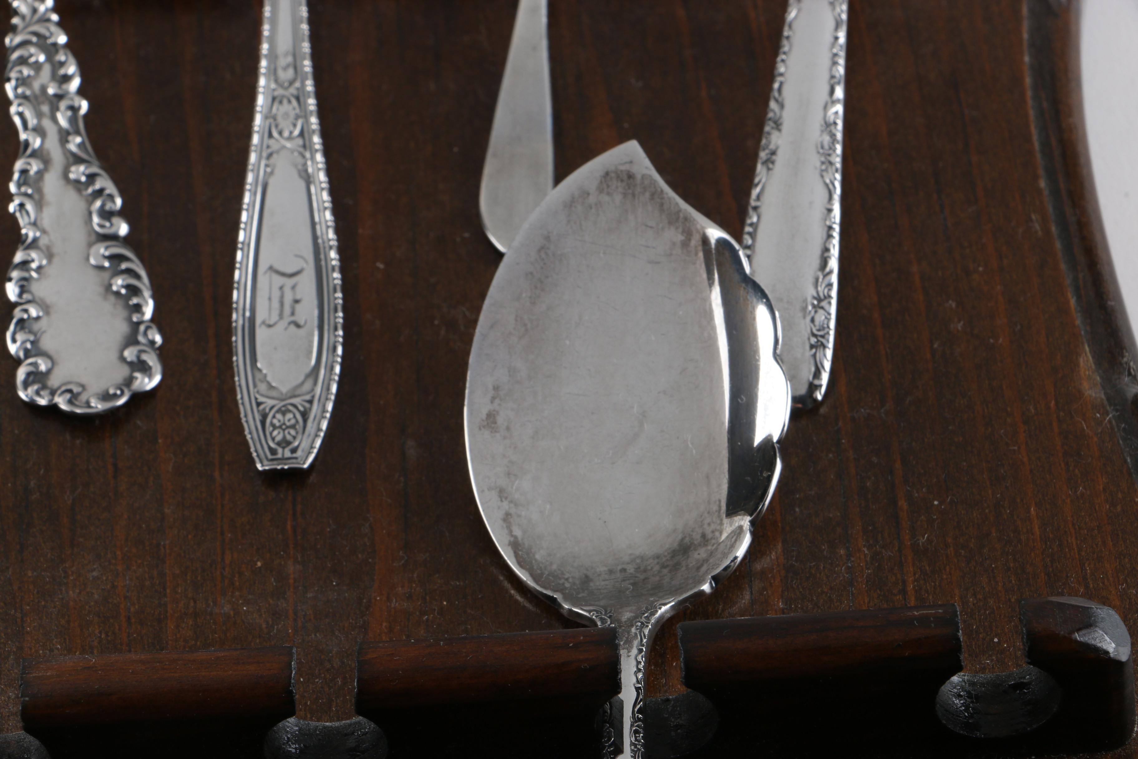 Gorham "Camellia" and Other Sterling Silver Spoons With a Wooden Display