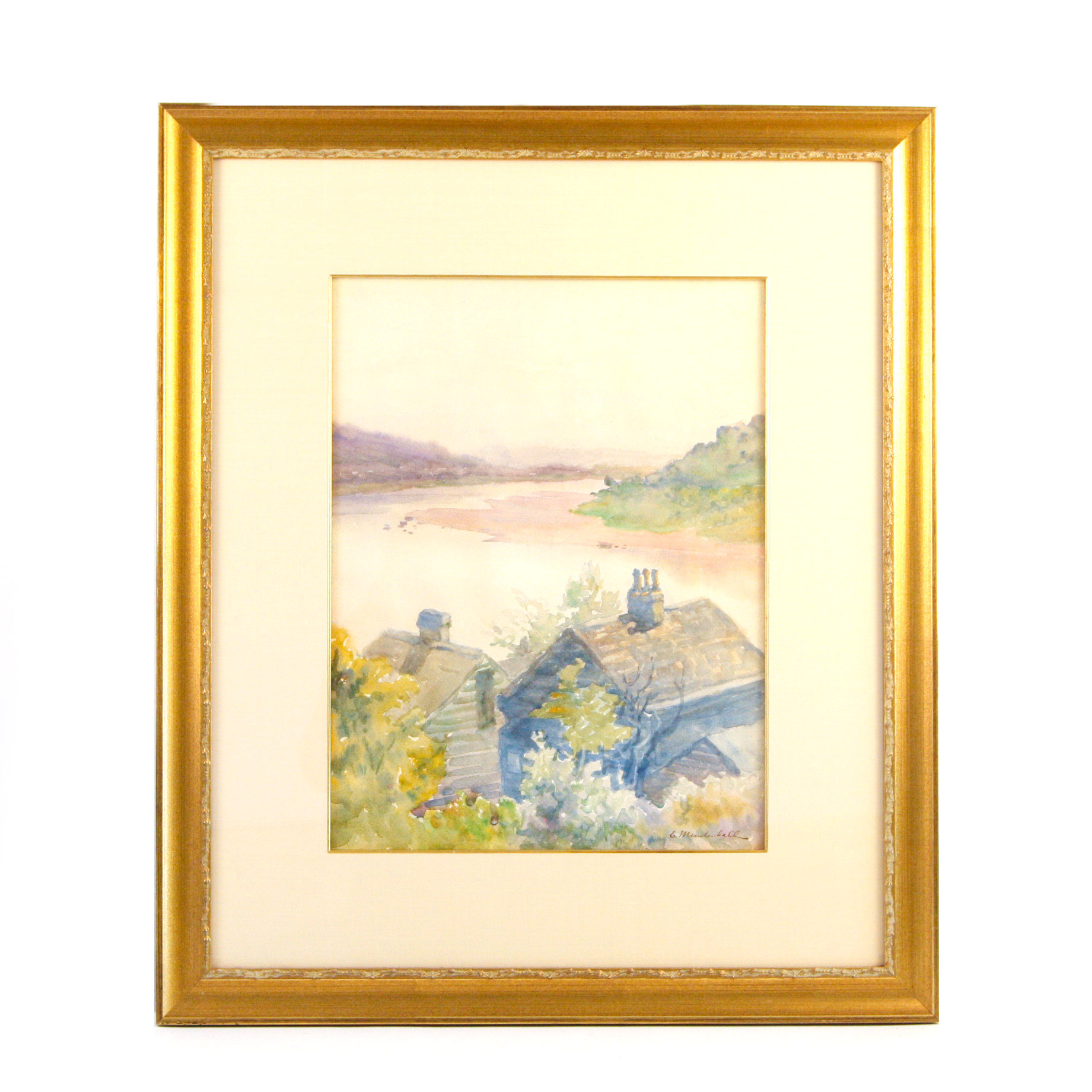 Emma Mendenhall Watercolor on Paper of Houses on the Ohio River