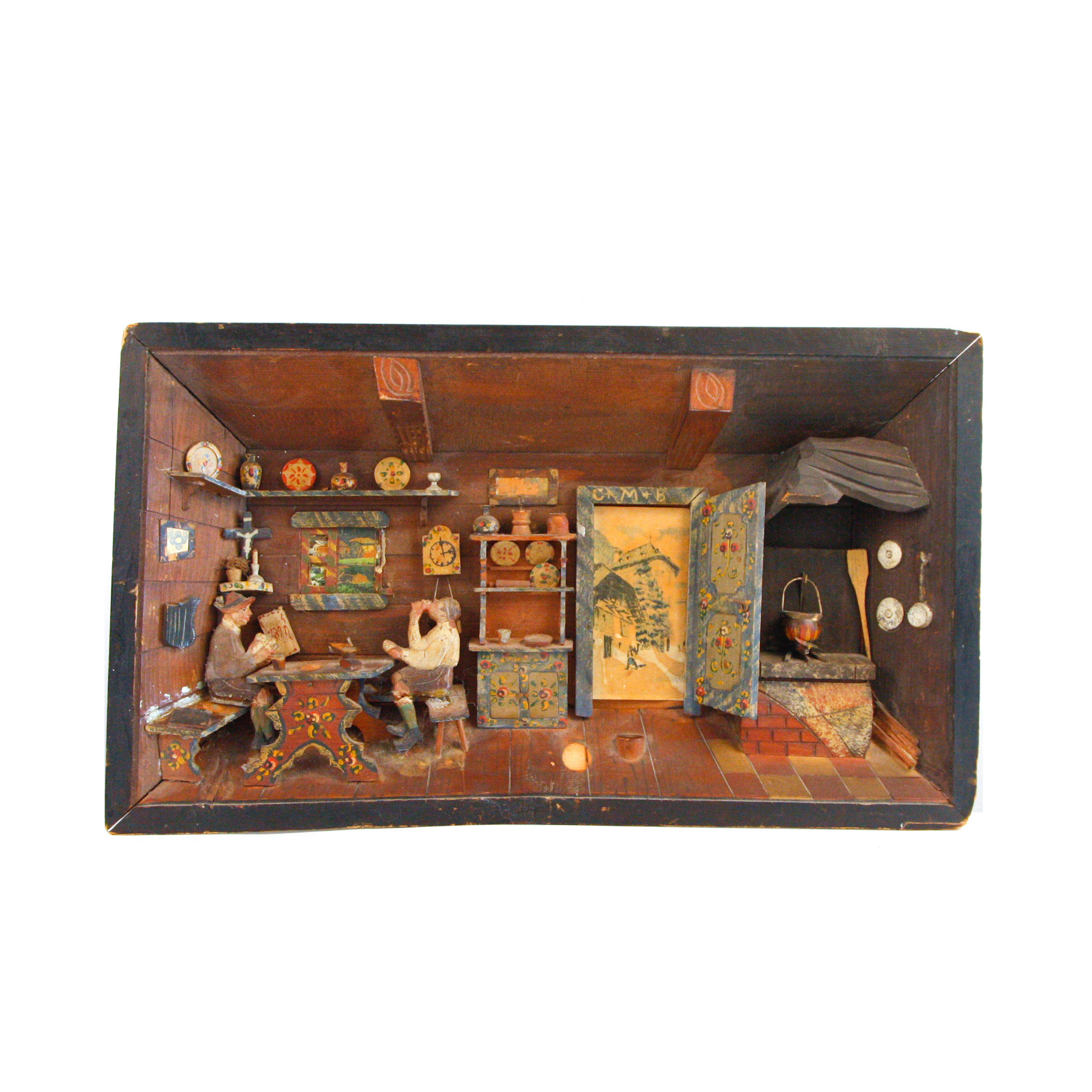 1891 Folk Art Diorama of Two Men Playing Cards