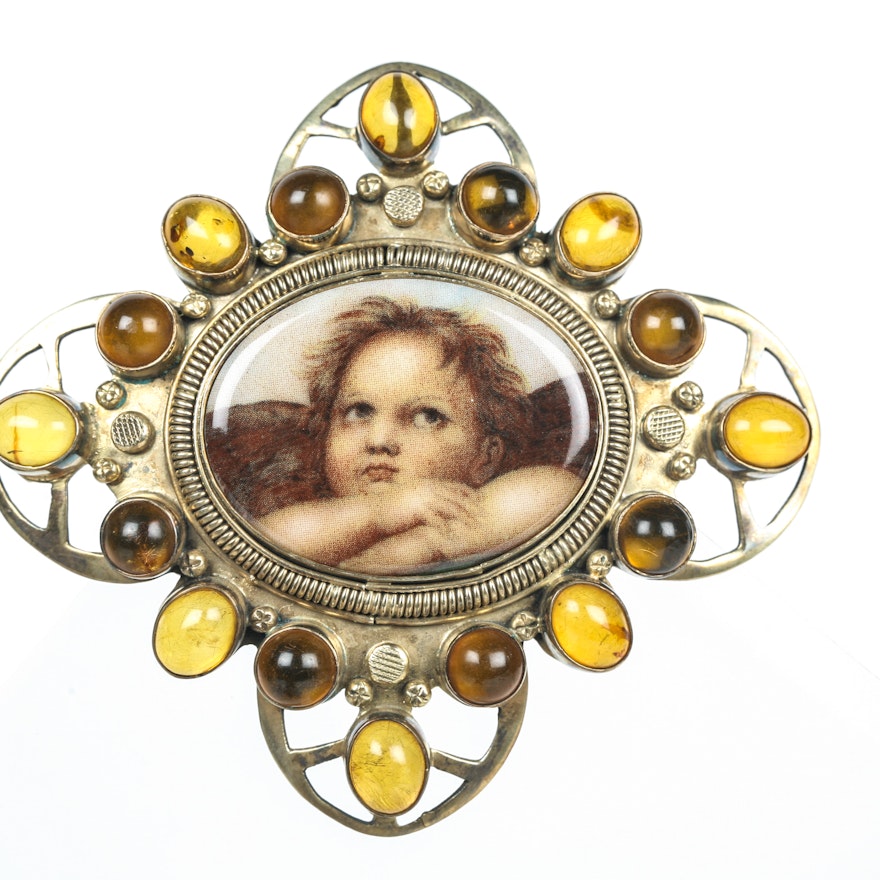 Vermeil Sterling Silver Amber Cherub Cameo Brooch