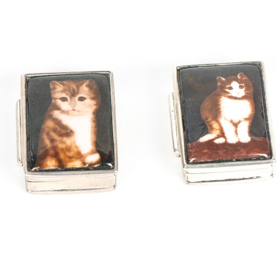 Sterling Silver Enameled Porcelain Cat Trinket Boxes