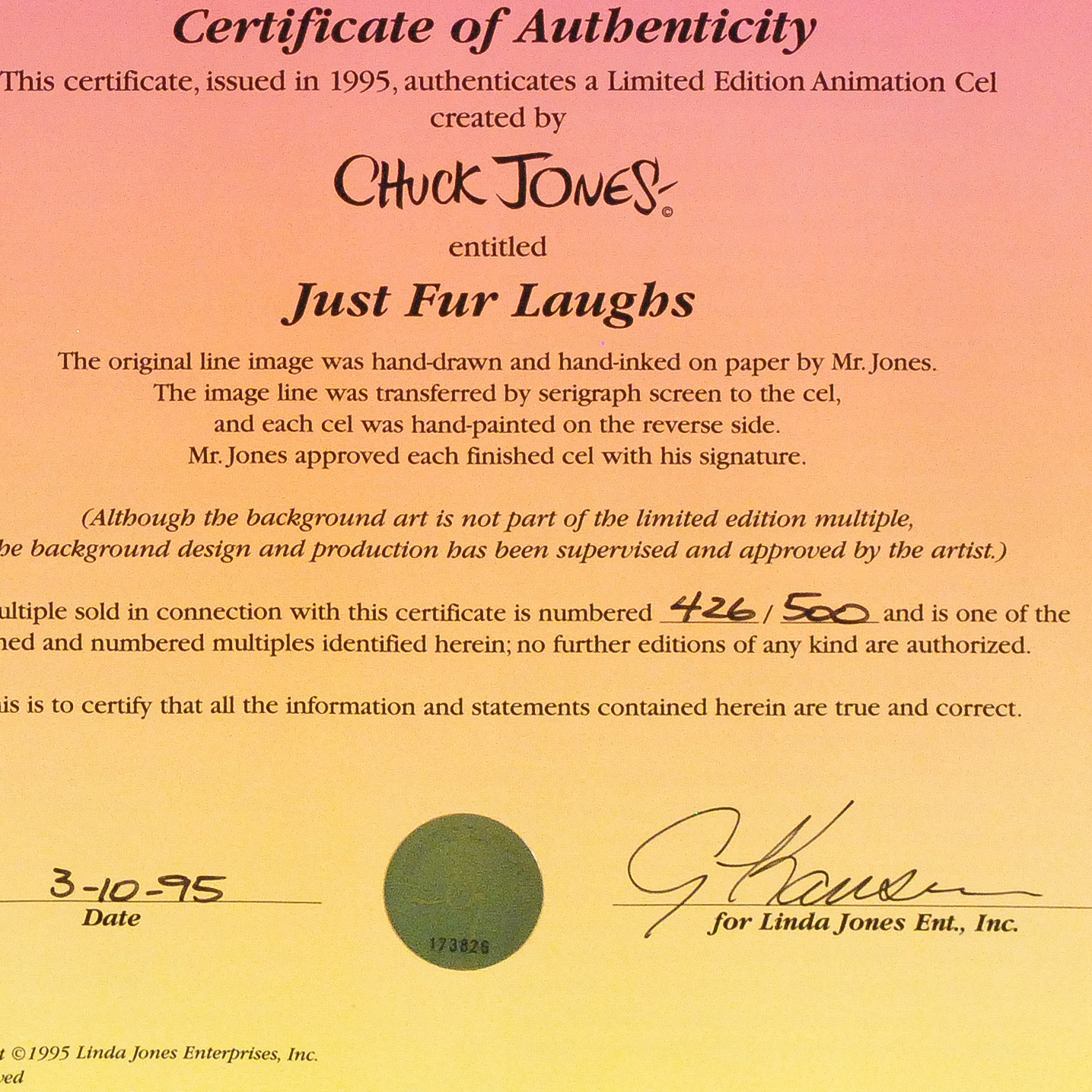 Chuck Jones "Just Fur Laughs" Numbered and Signed Cel