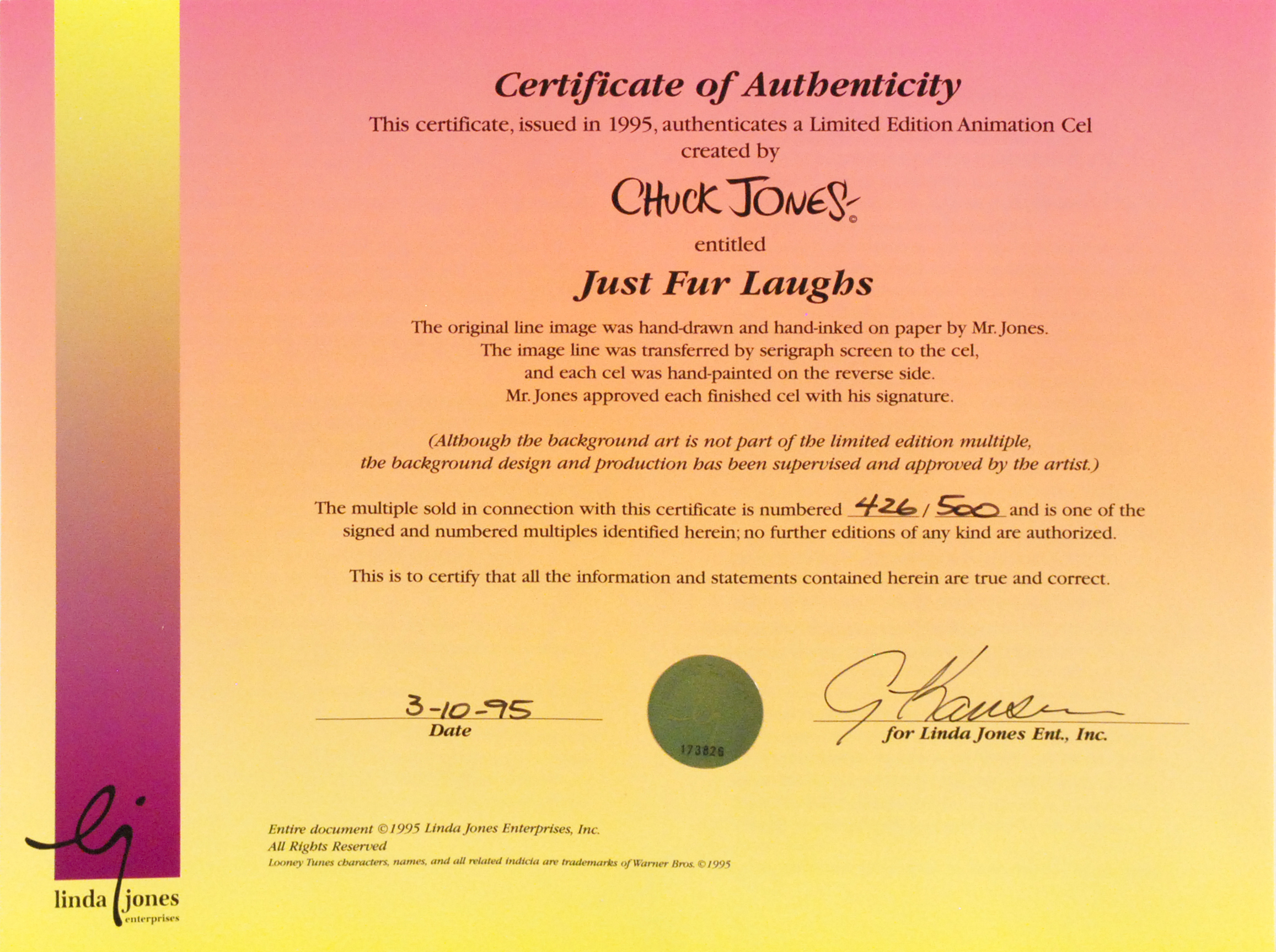 Chuck Jones "Just Fur Laughs" Numbered and Signed Cel