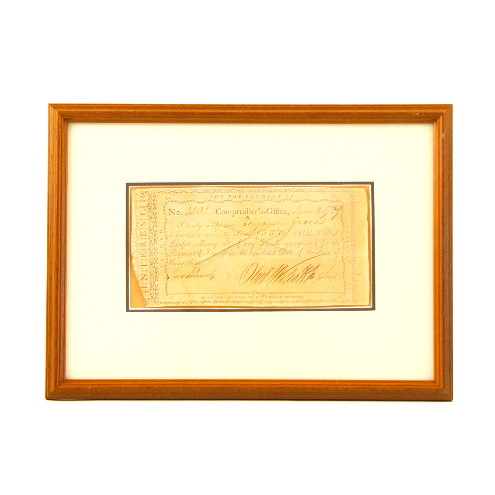 Framed 18th C. Connecticut Interest Note on Laid Paper