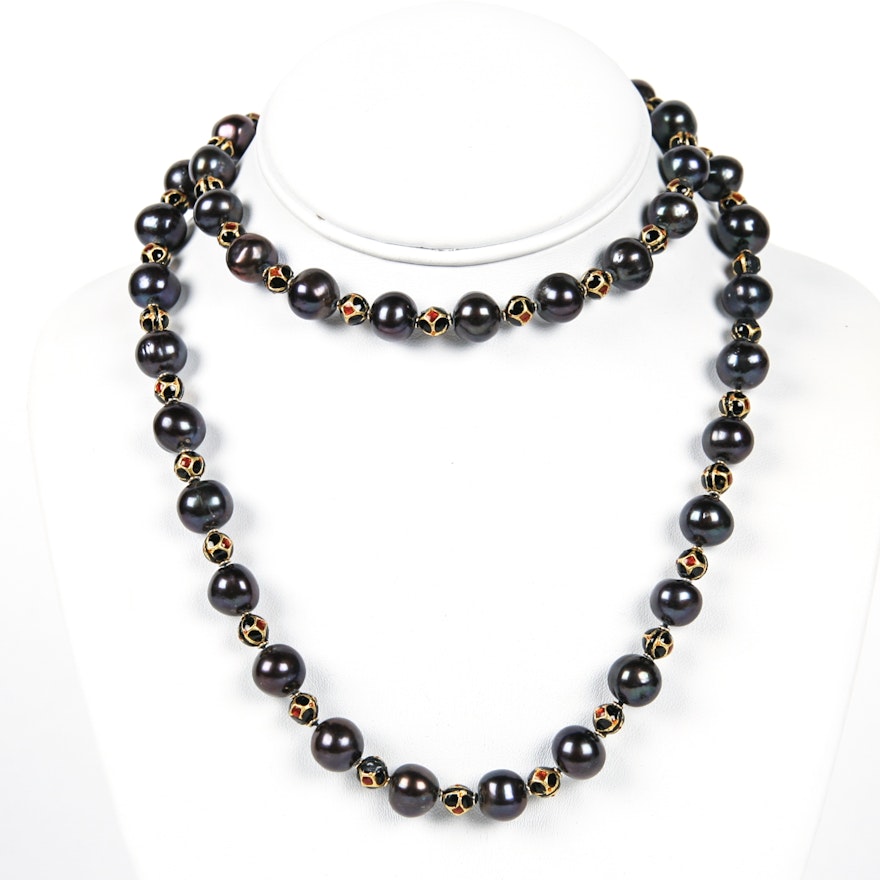 Lackey Black Pearl and Enamel Bead Necklace