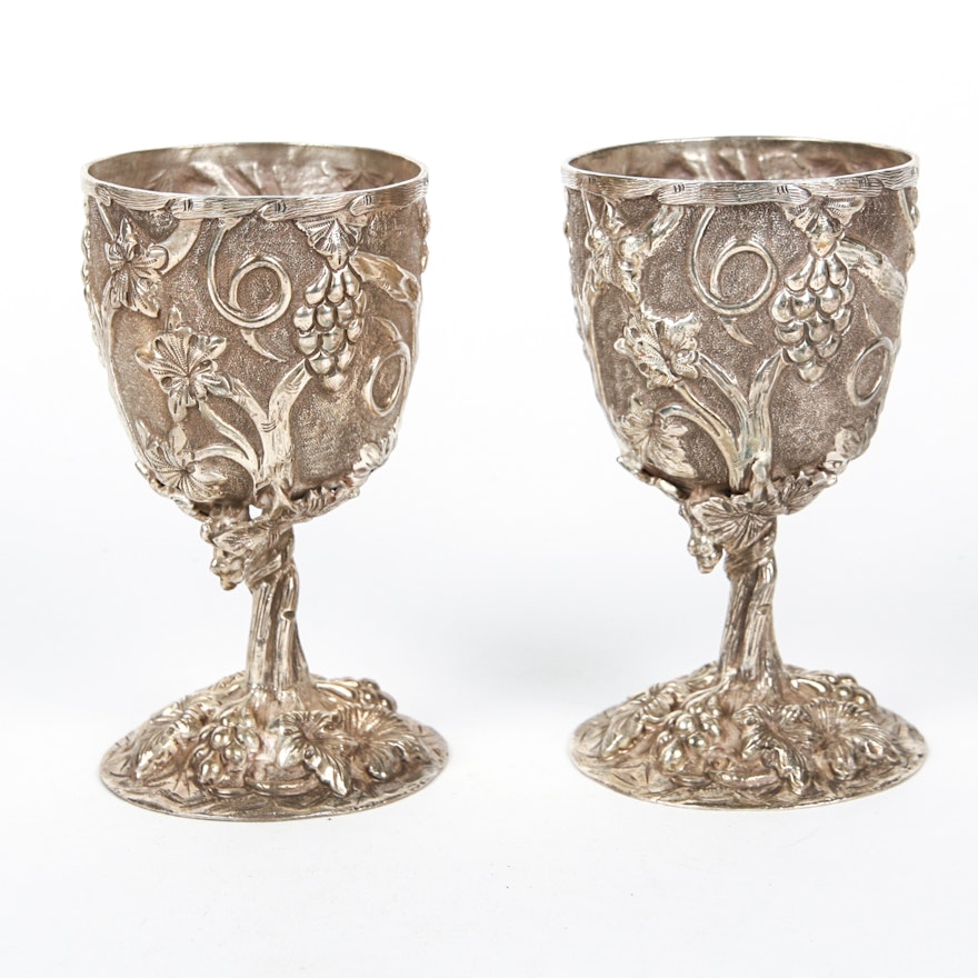 Pair of Sterling Silver Grapevine Motif Wine Goblets