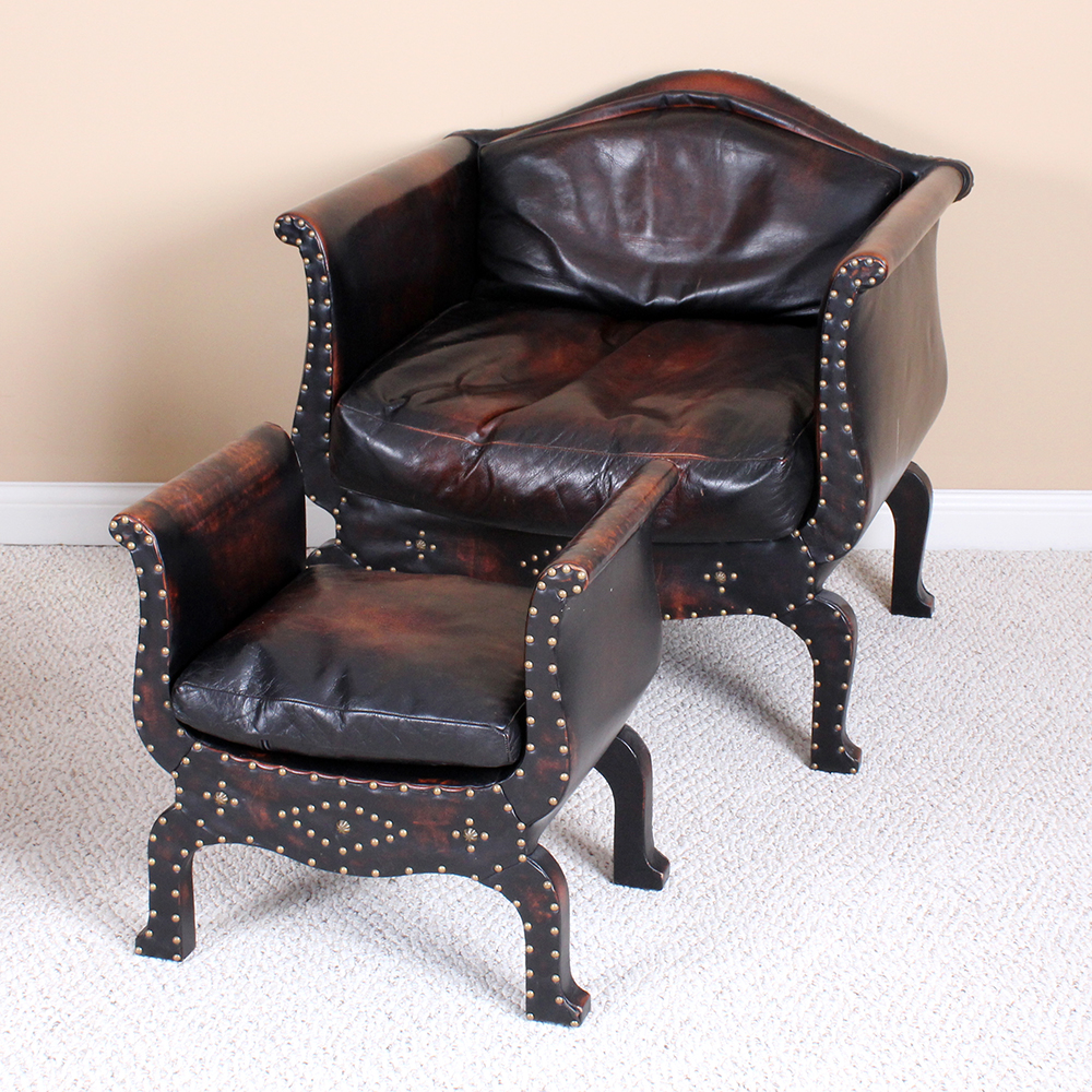 Medieval Renaissance Style Weather Leather Armchair with Ottoman