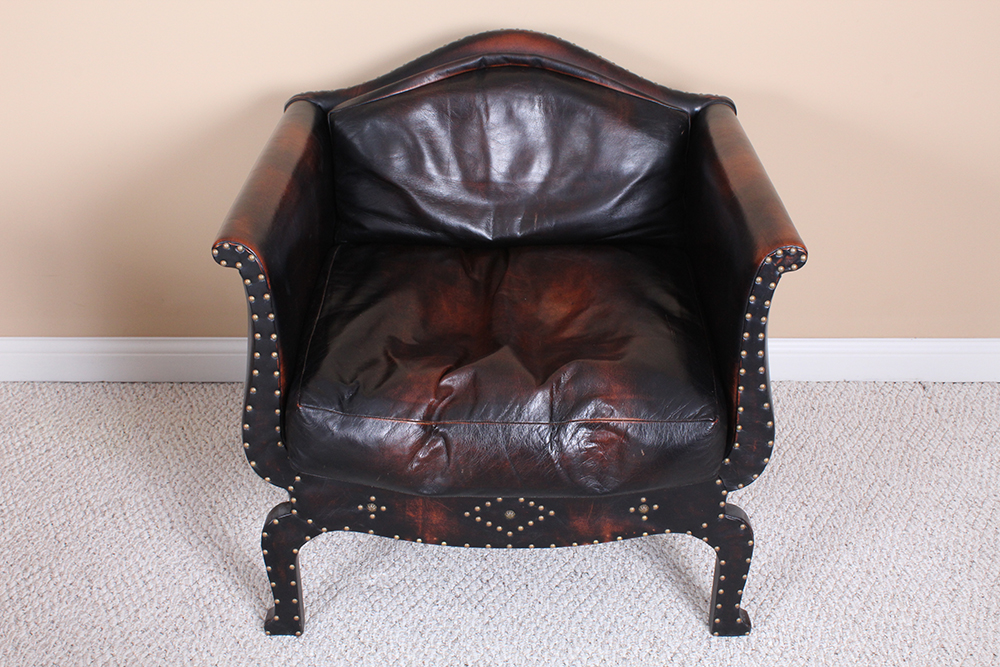 Medieval Renaissance Style Weather Leather Armchair with Ottoman