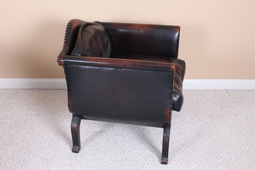 Medieval Renaissance Style Weather Leather Armchair with Ottoman