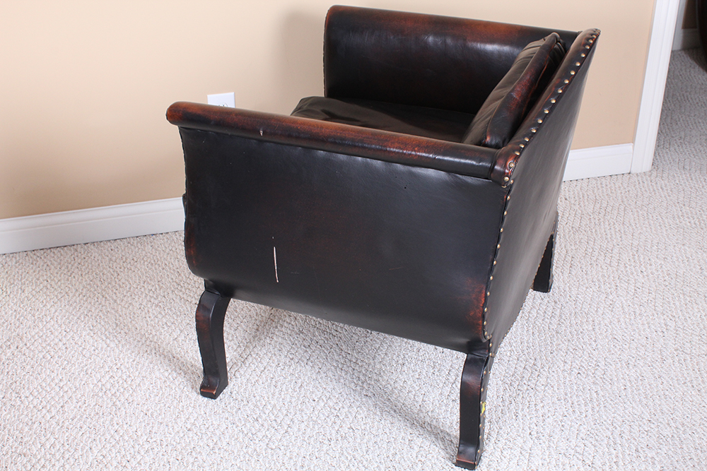 Medieval Renaissance Style Weather Leather Armchair with Ottoman