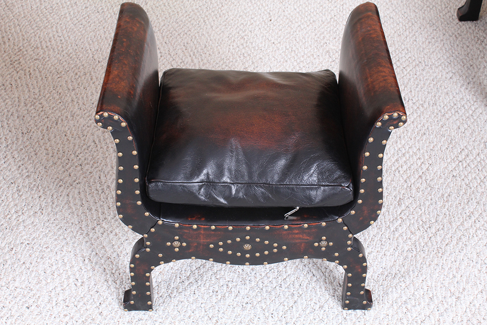 Medieval Renaissance Style Weather Leather Armchair with Ottoman