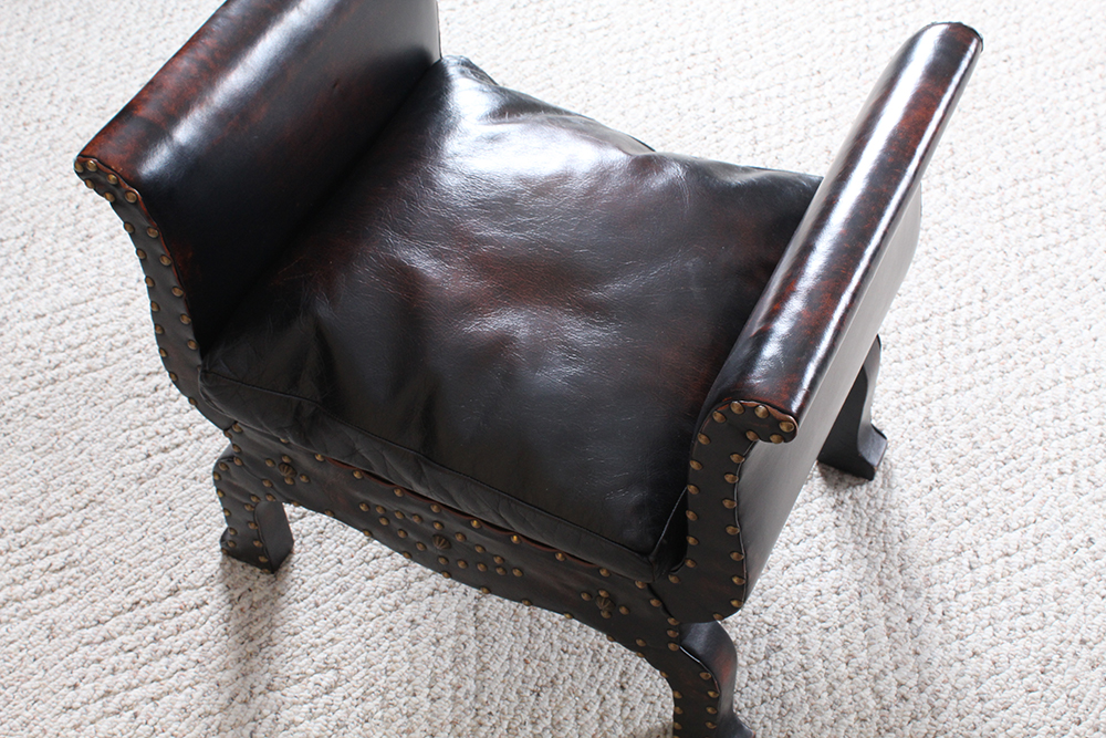 Medieval Renaissance Style Weather Leather Armchair with Ottoman