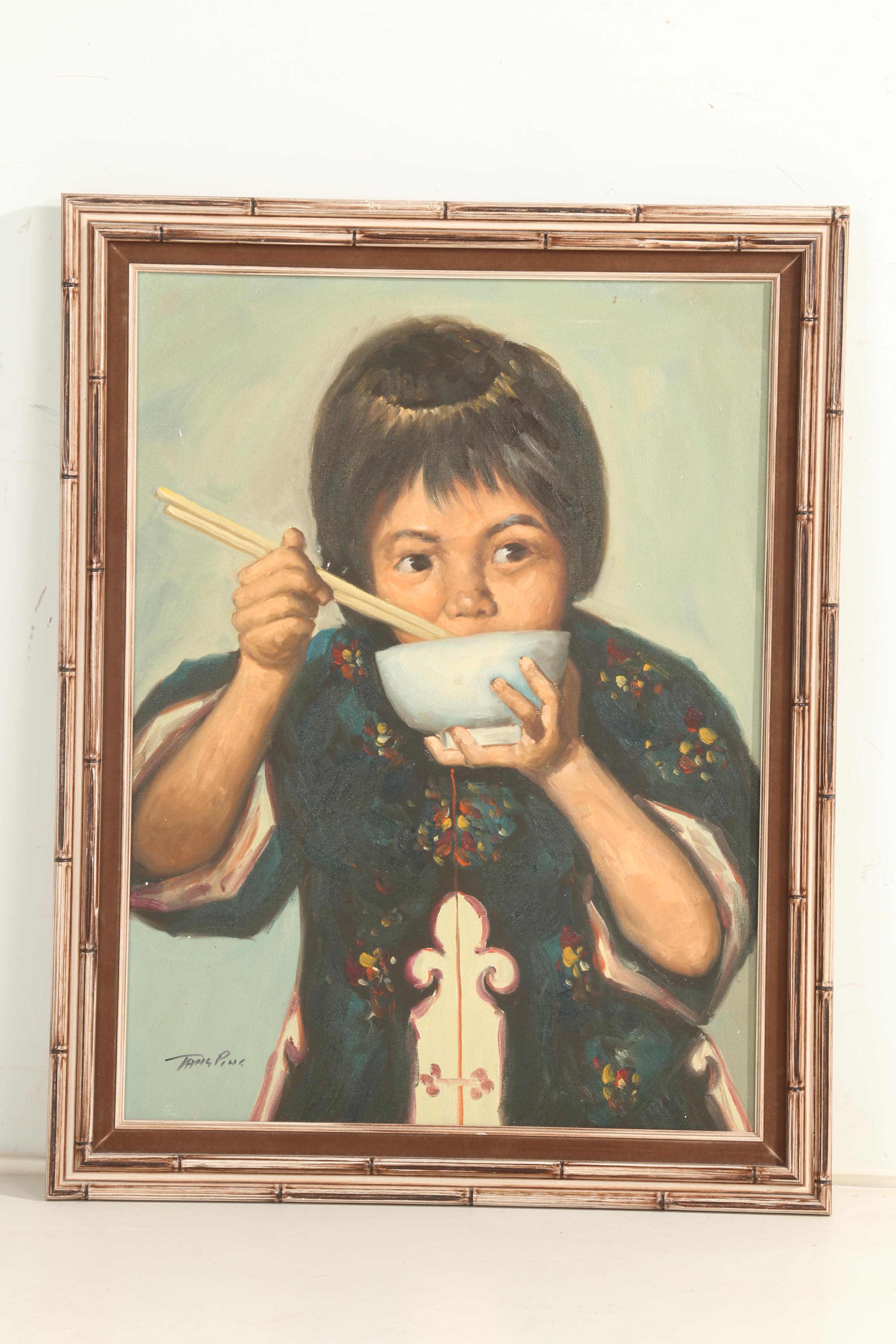 Tang Ping Oil Painting on Canvas of Child Eating