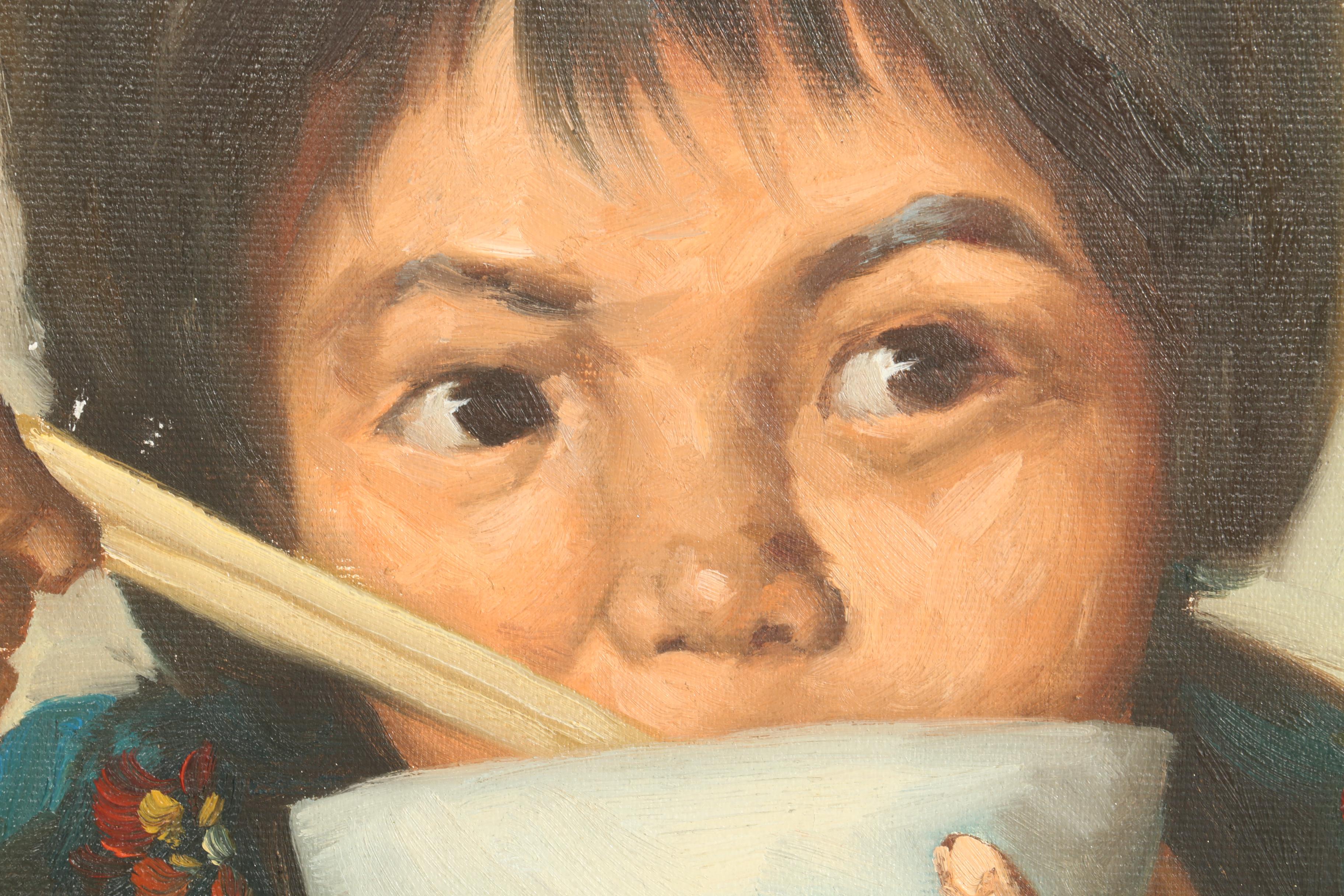 Tang Ping Oil Painting on Canvas of Child Eating