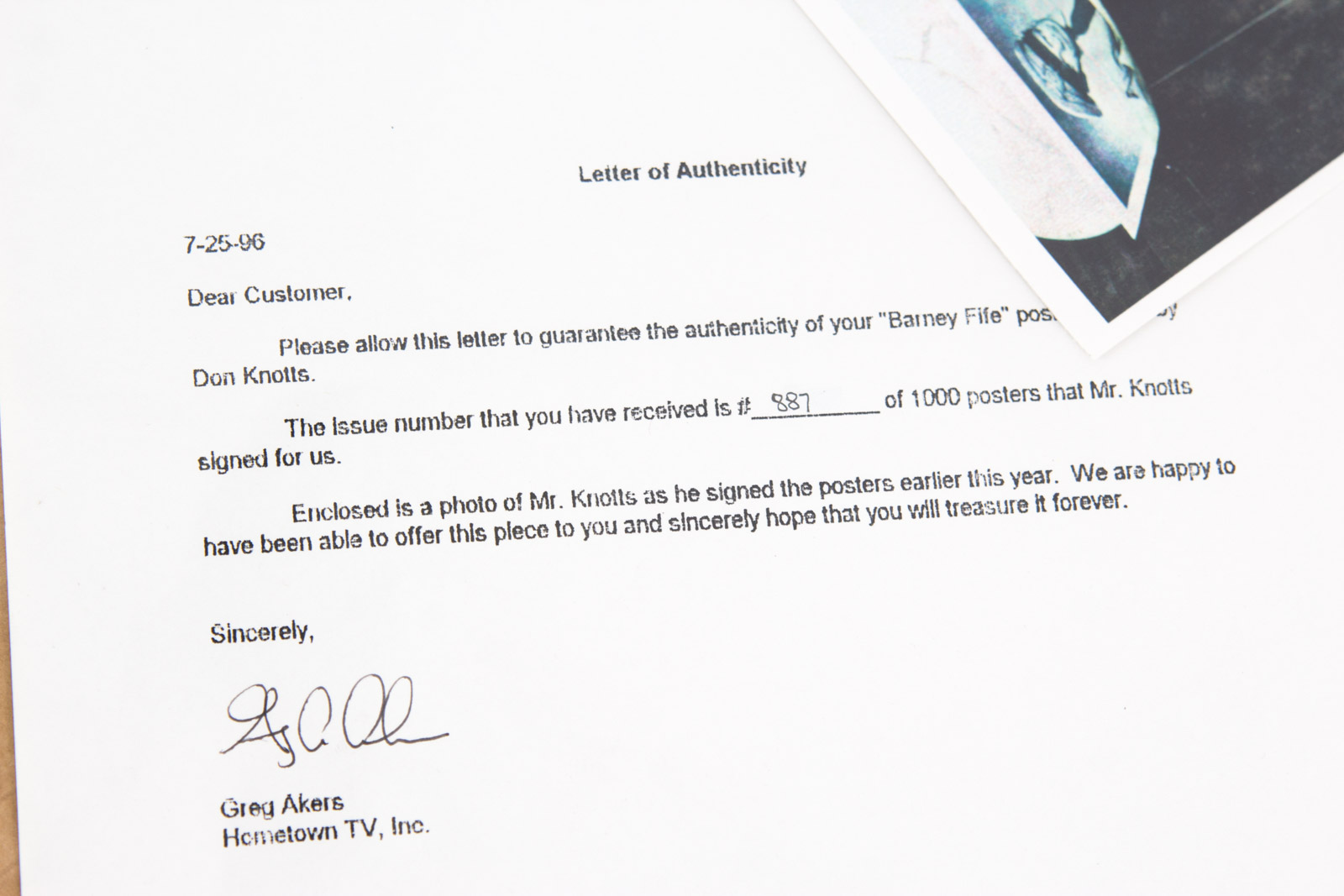 Don Knotts Signed "The Andy Griffith Show" Barney Fife Photograph