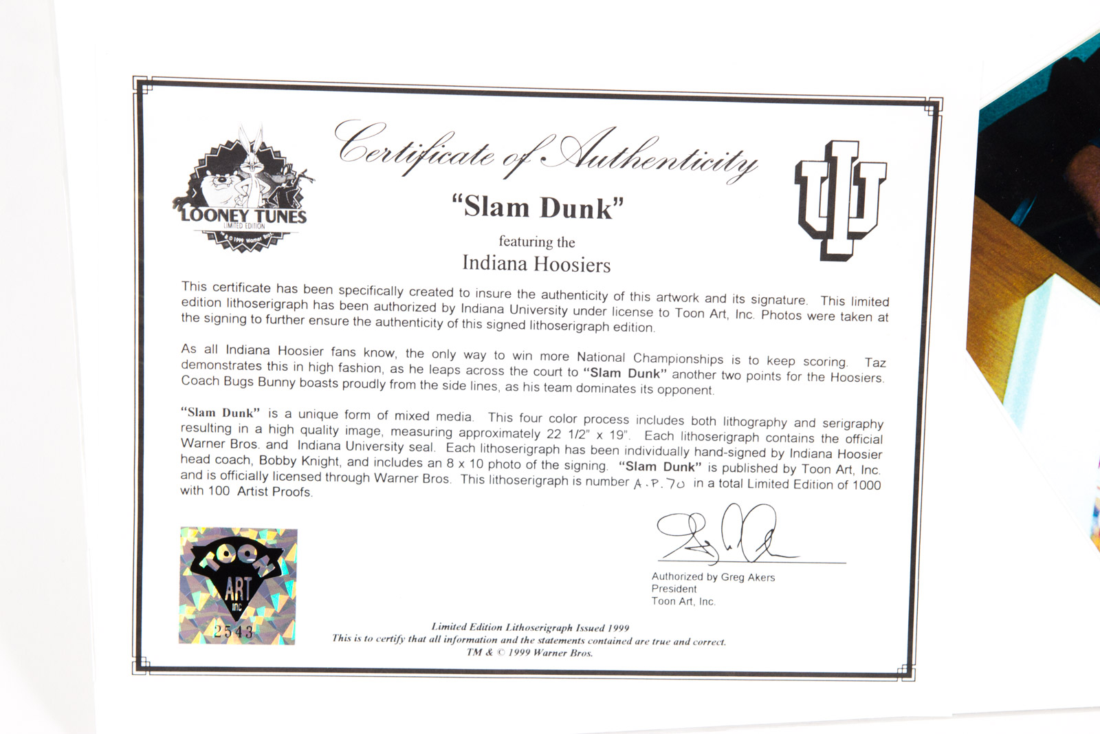 Bob Knight Signed Looney Tunes "Slam Dunk" Indiana University Hoosiers Lithoserigraph