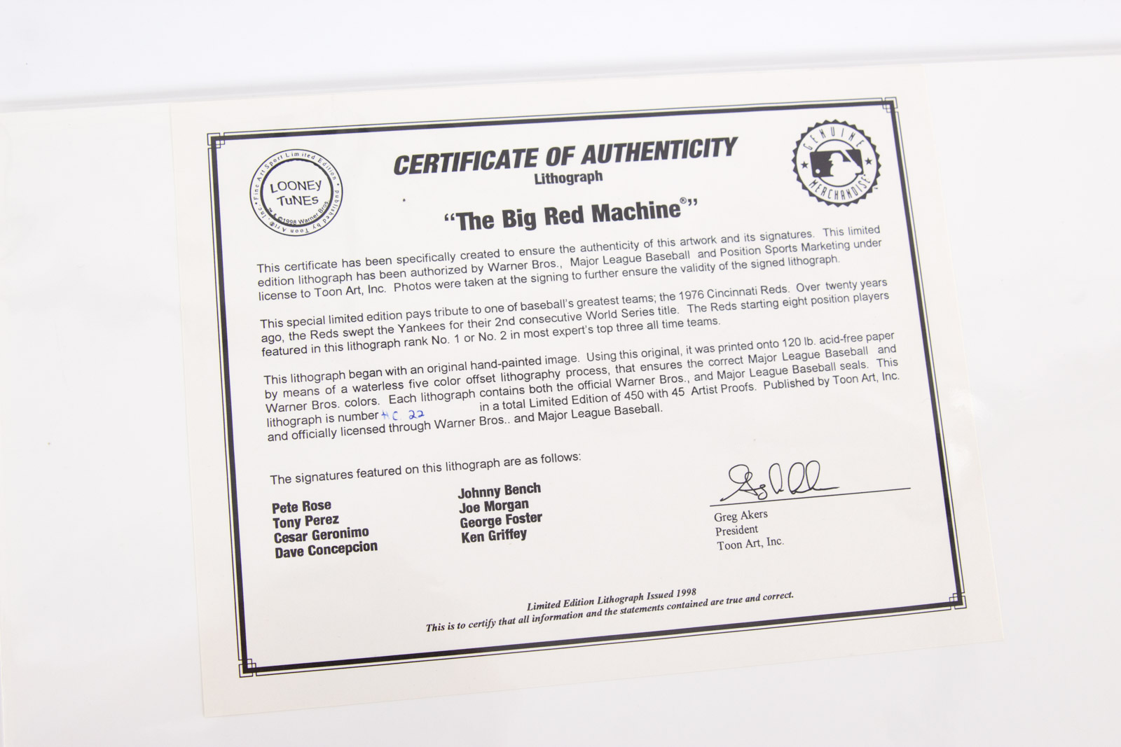 "The Big Red Machine" Looney Tunes Offset Lithograph Signed by Pete Rose, Johnny Bench, Ken Griffey, and more