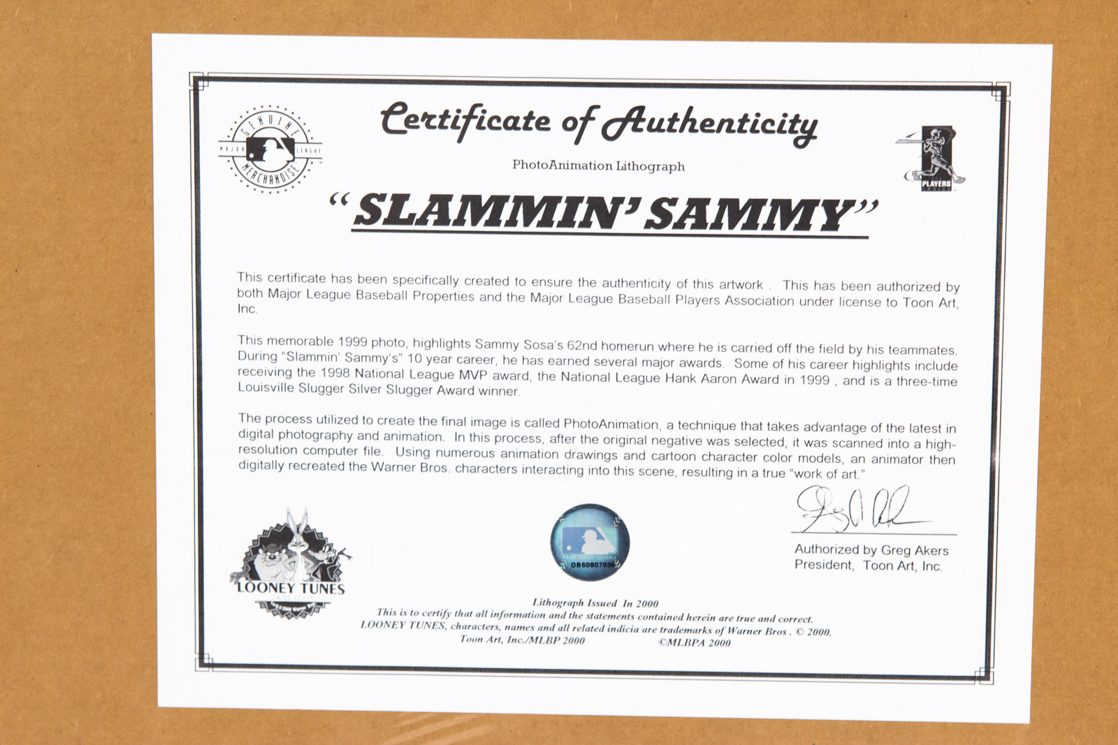 "Slammin' Sammy" Sammy Sosa Looney Tunes Photoanimation Offset Lithograph