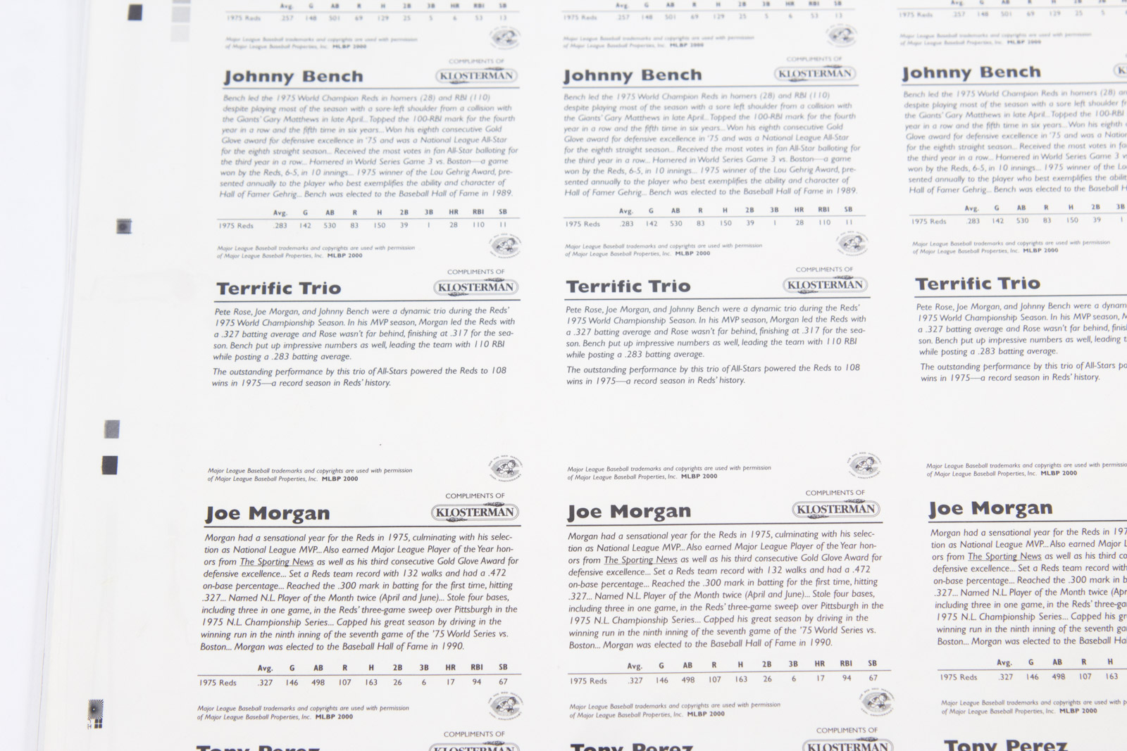 Uncut Sheet of "The Big Red Machine" Cincinnati Reds Baseball Cards