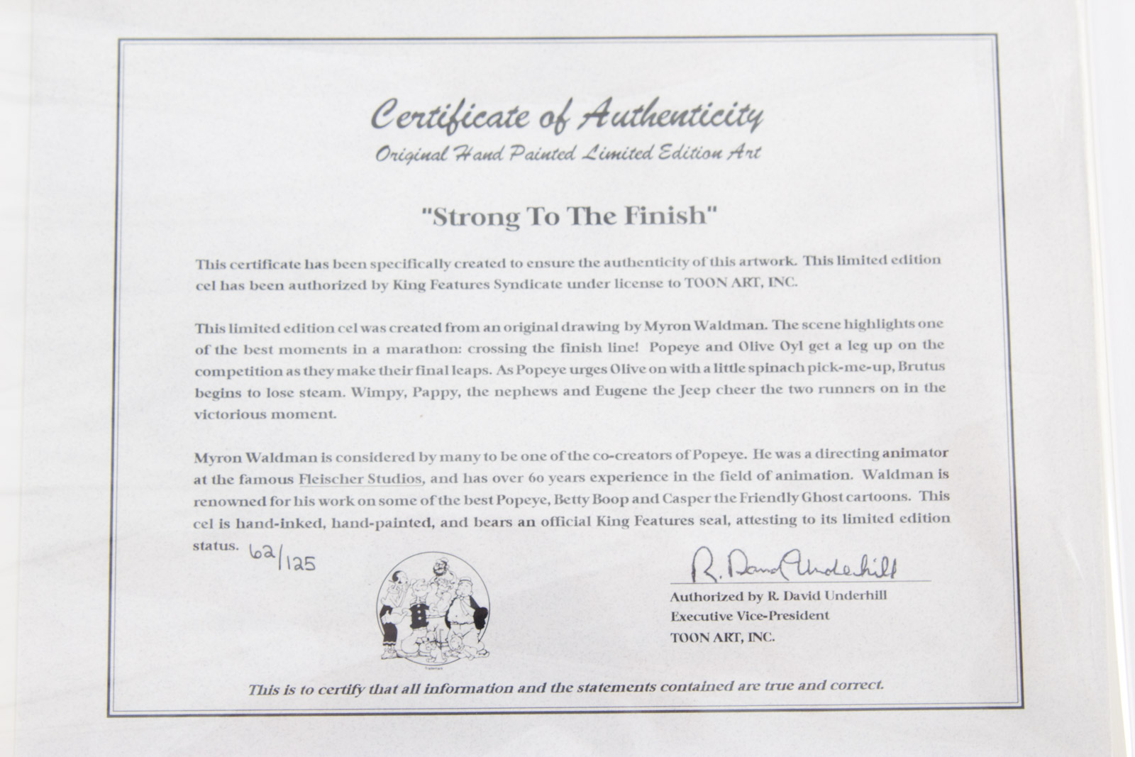 Myron Waldman Hand Painted "Strong to the Finish" Animation Cel