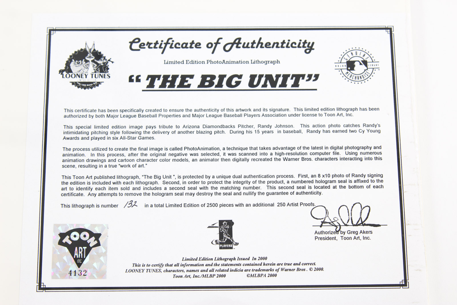 Randy Johnson Signed "The Big Unit" Diamond Back Photoanimation Offset Lithograph