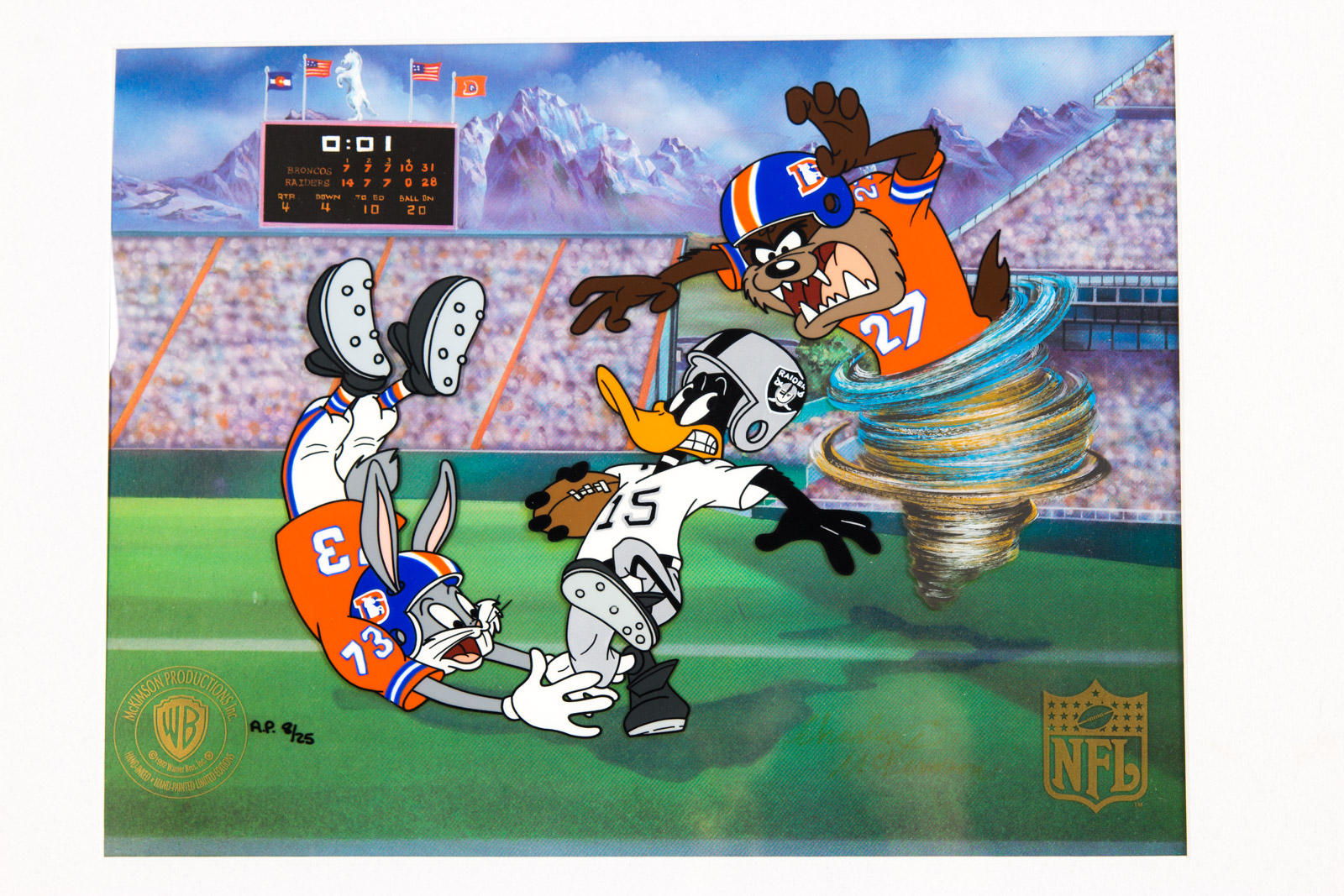 After Robert McKimson Hand Painted "The Dynamic Duo" Denver Broncos Animation Cel