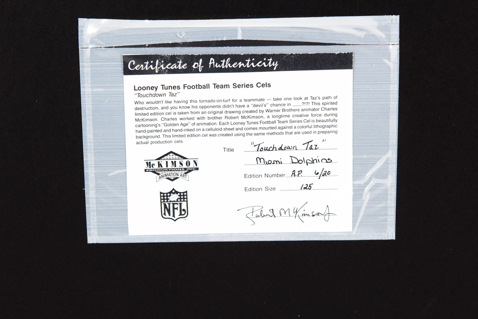 After Charles McKimson Hand Painted "Touchdown Taz" Miami Dolphins Animation Cel