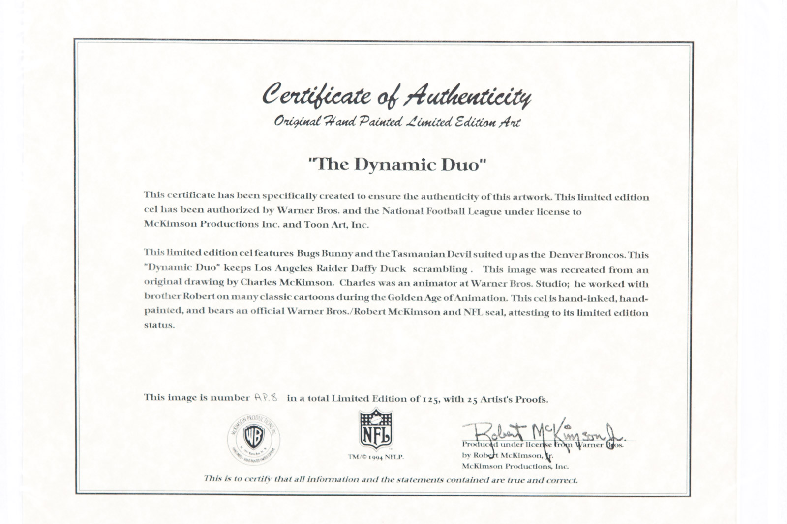 After Robert McKimson Hand Painted "The Dynamic Duo" Denver Broncos Animation Cel