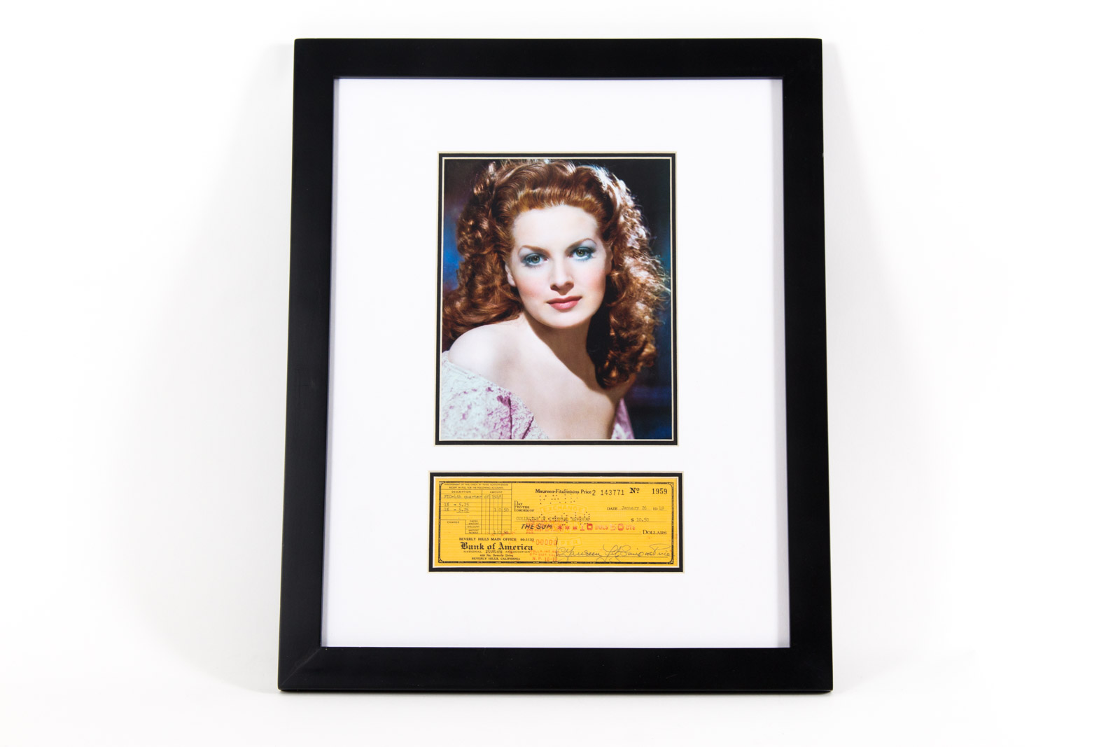 Original 1949 Maureen O'Hara Check with Fuji Crystal Archival Headshot Photograph