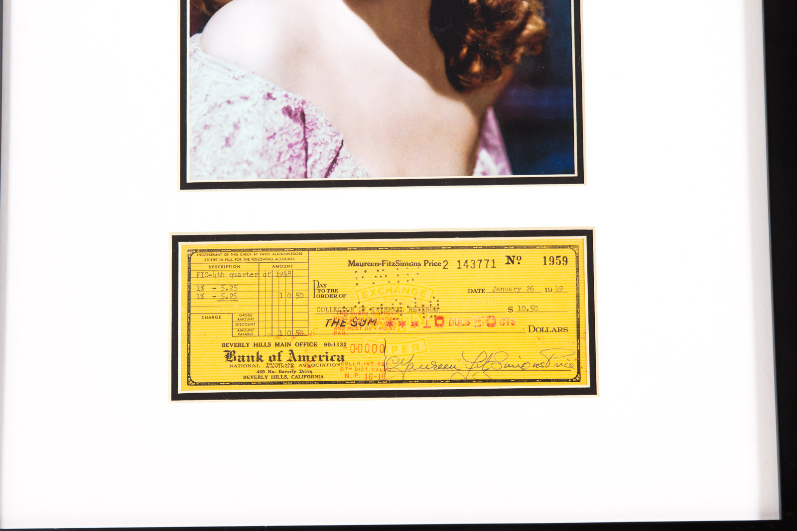 Original 1949 Maureen O'Hara Check with Fuji Crystal Archival Headshot Photograph