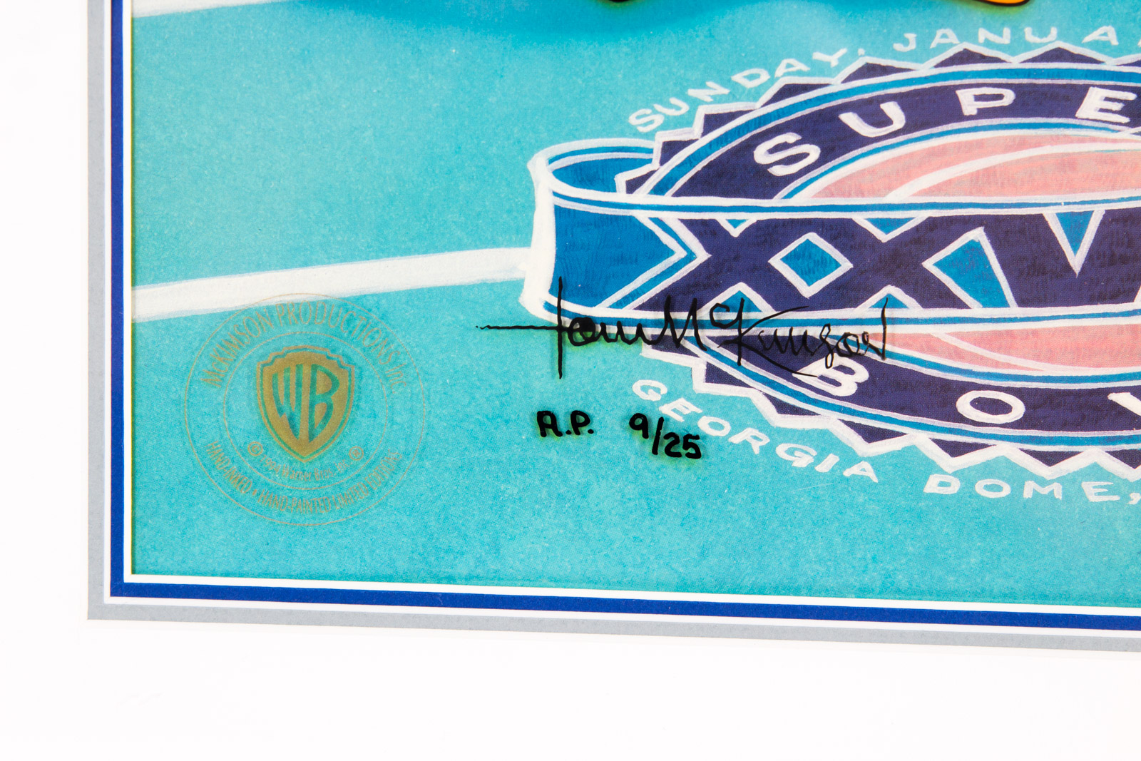 Hand Painted "Coin Toss" Looney Tunes Super Bowl XXVIII Animation Cel signed by Tom McKimson