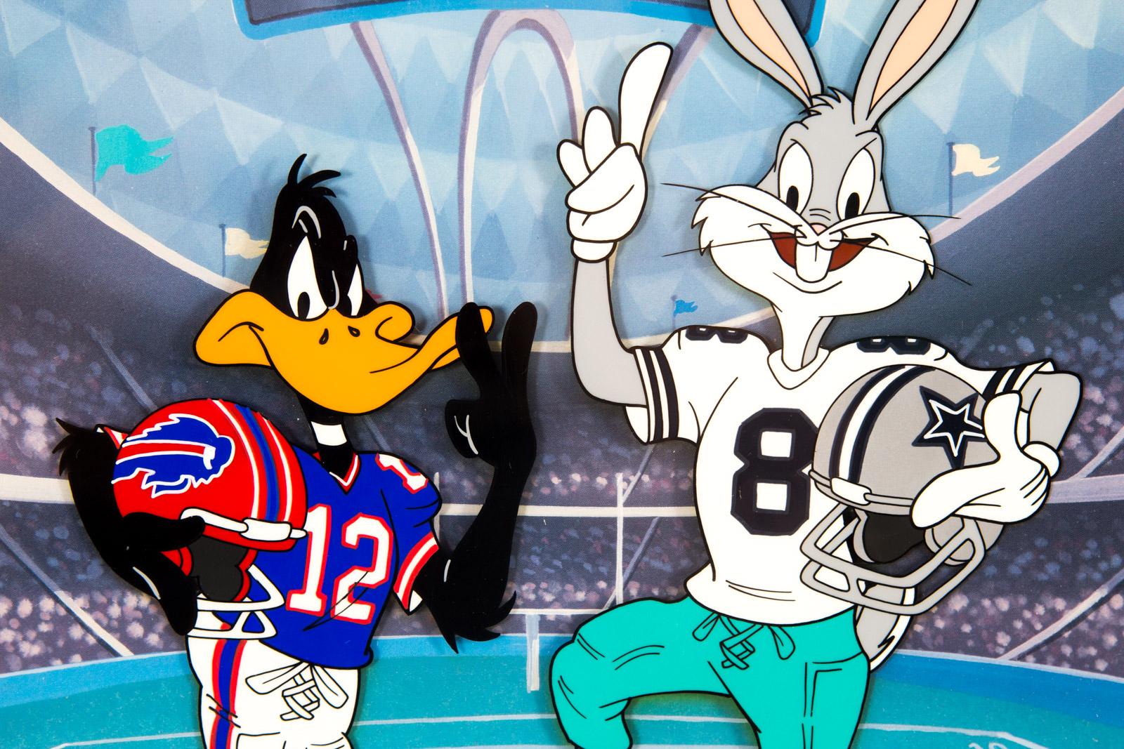 Hand Painted "Coin Toss" Looney Tunes Super Bowl XXVIII Animation Cel signed by Tom McKimson