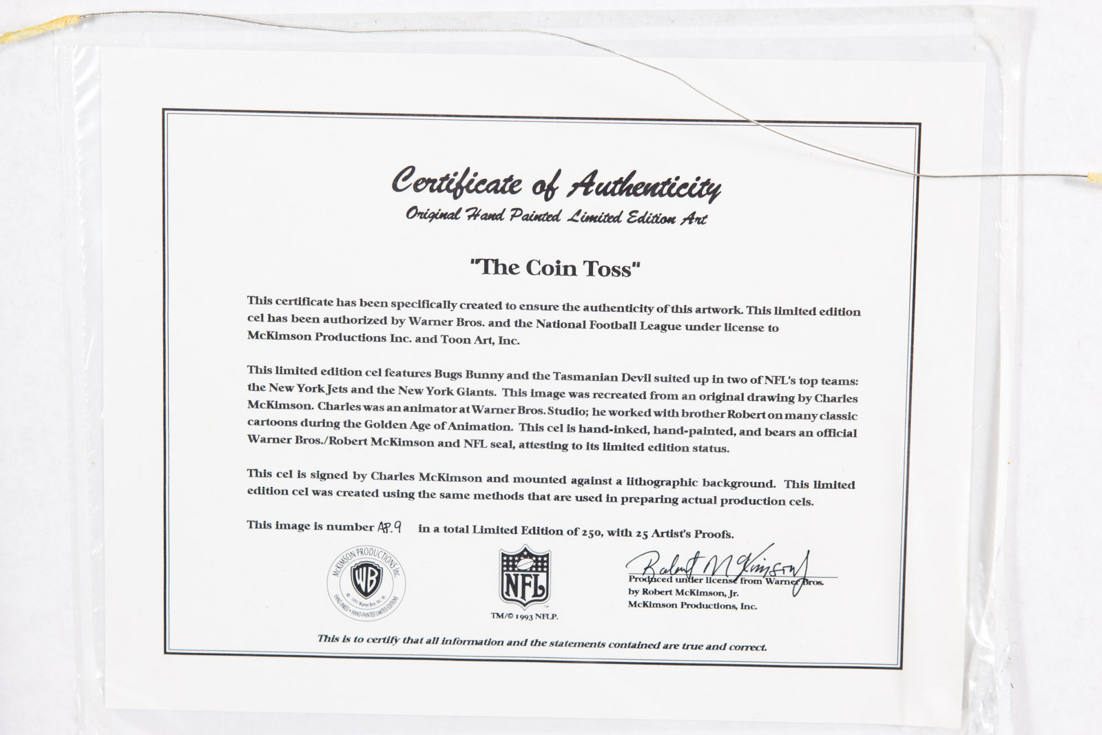 Hand Painted "Coin Toss" Looney Tunes Super Bowl XXVIII Animation Cel signed by Tom McKimson