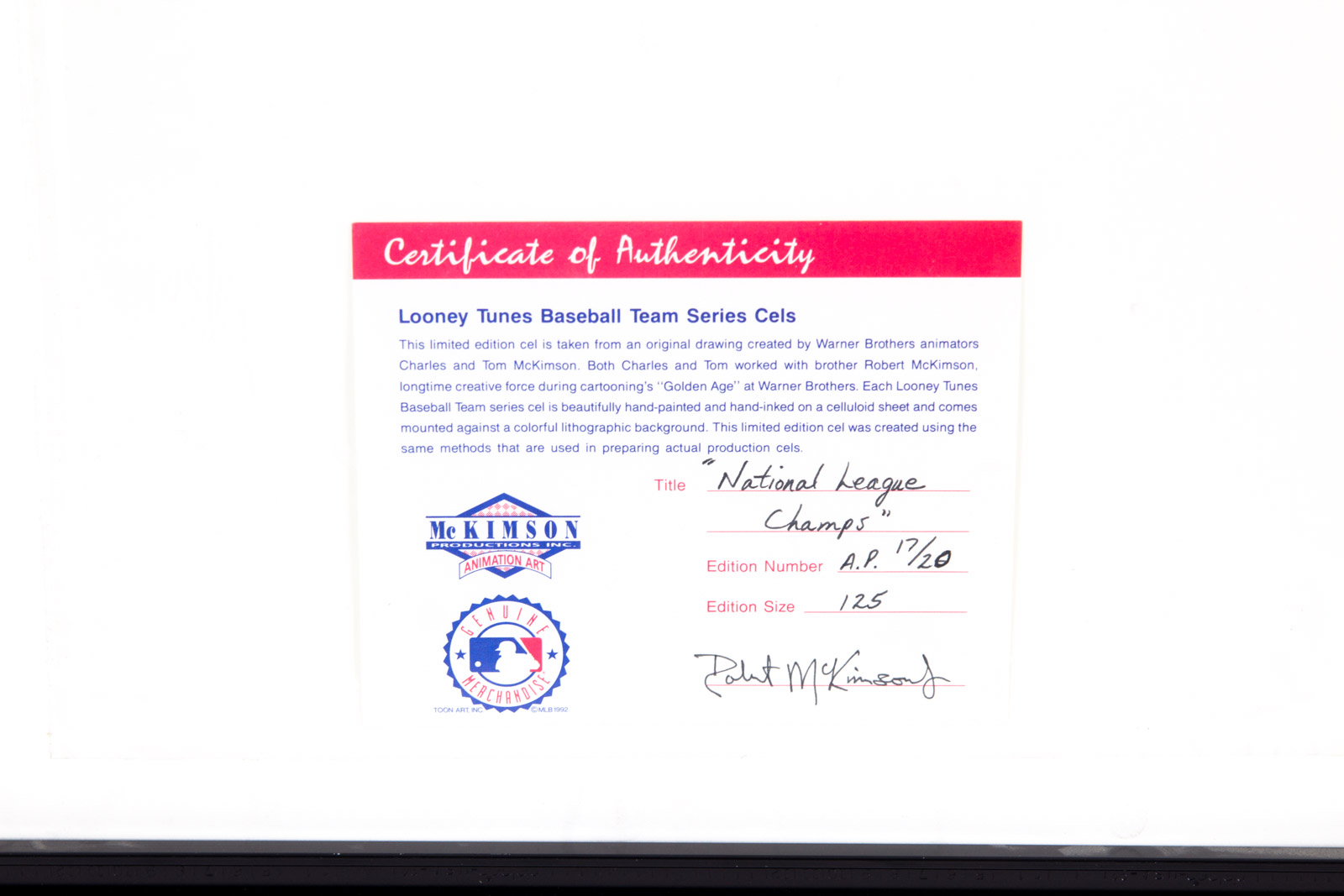 Tom McKimson Hand Painted "National League Champs" Looney Tunes Atlanta Braves Animation Cel